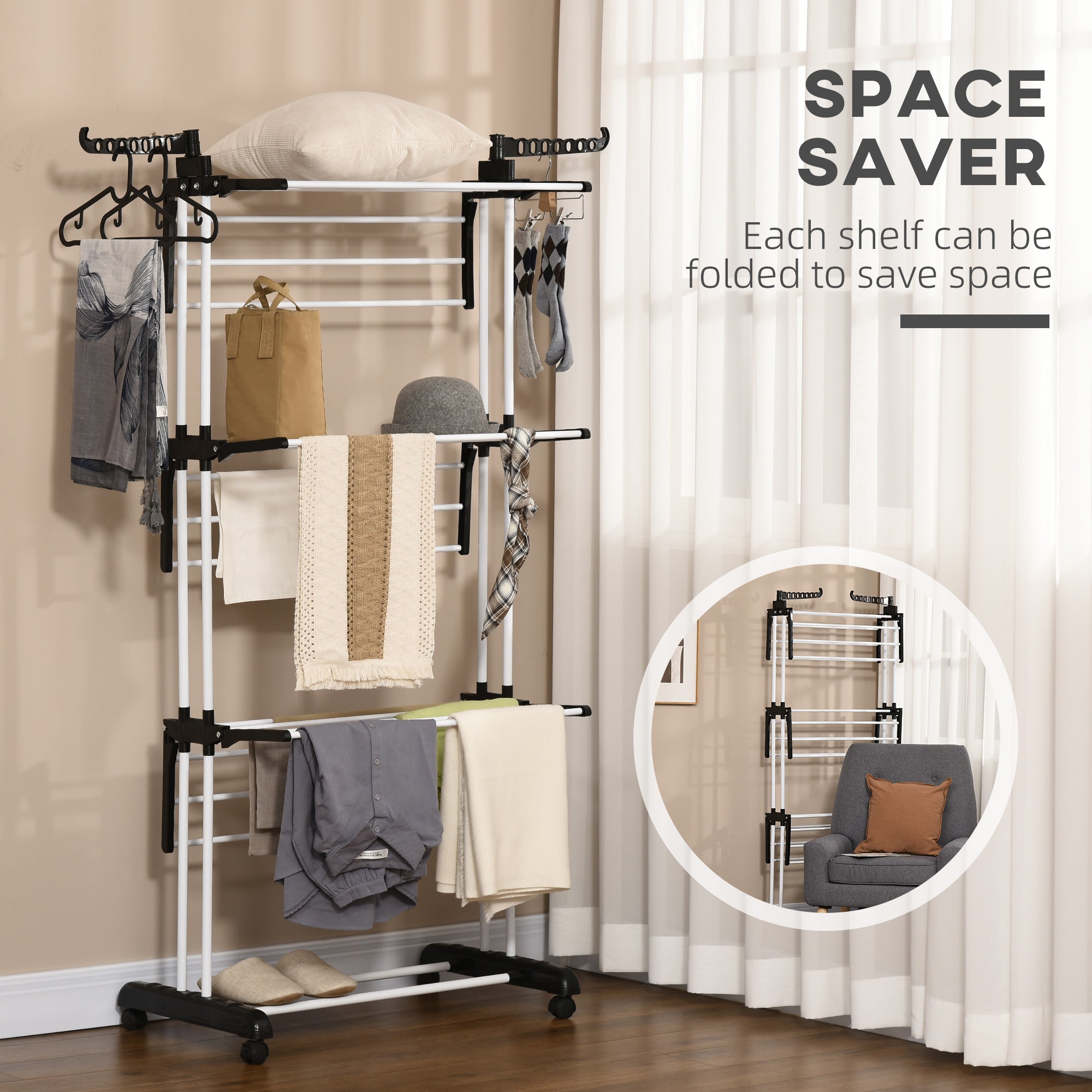 HOMCOM Foldable Clothes Drying Rack, 4-Tier Steel Garment Laundry Rack with Castors for Indoor and Outdoor Use, Black - North Peak Garden Furniture