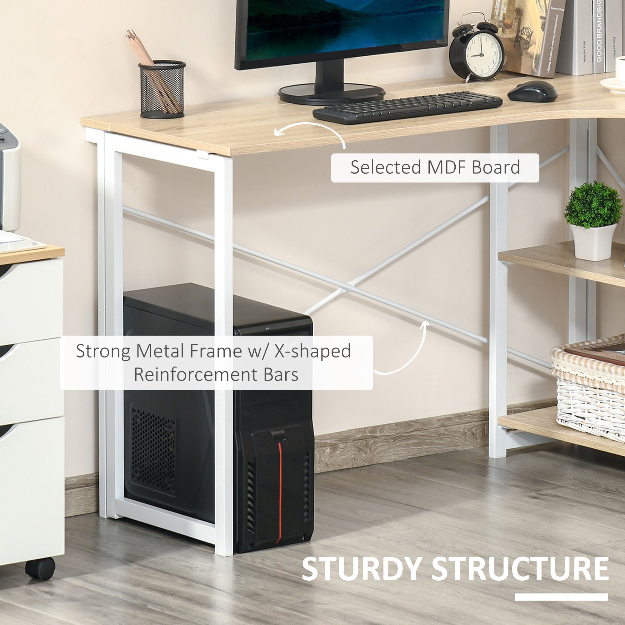 HOMCOM Folding Desk, L Shaped Desk, Corner Computer Desk with 2-Tier Storage Shelf for Home Office, Study Room, Workstation, Easy Assembly, 120 x 72.5 x 76.5cm, Oak Tone - North Peak Garden Furniture