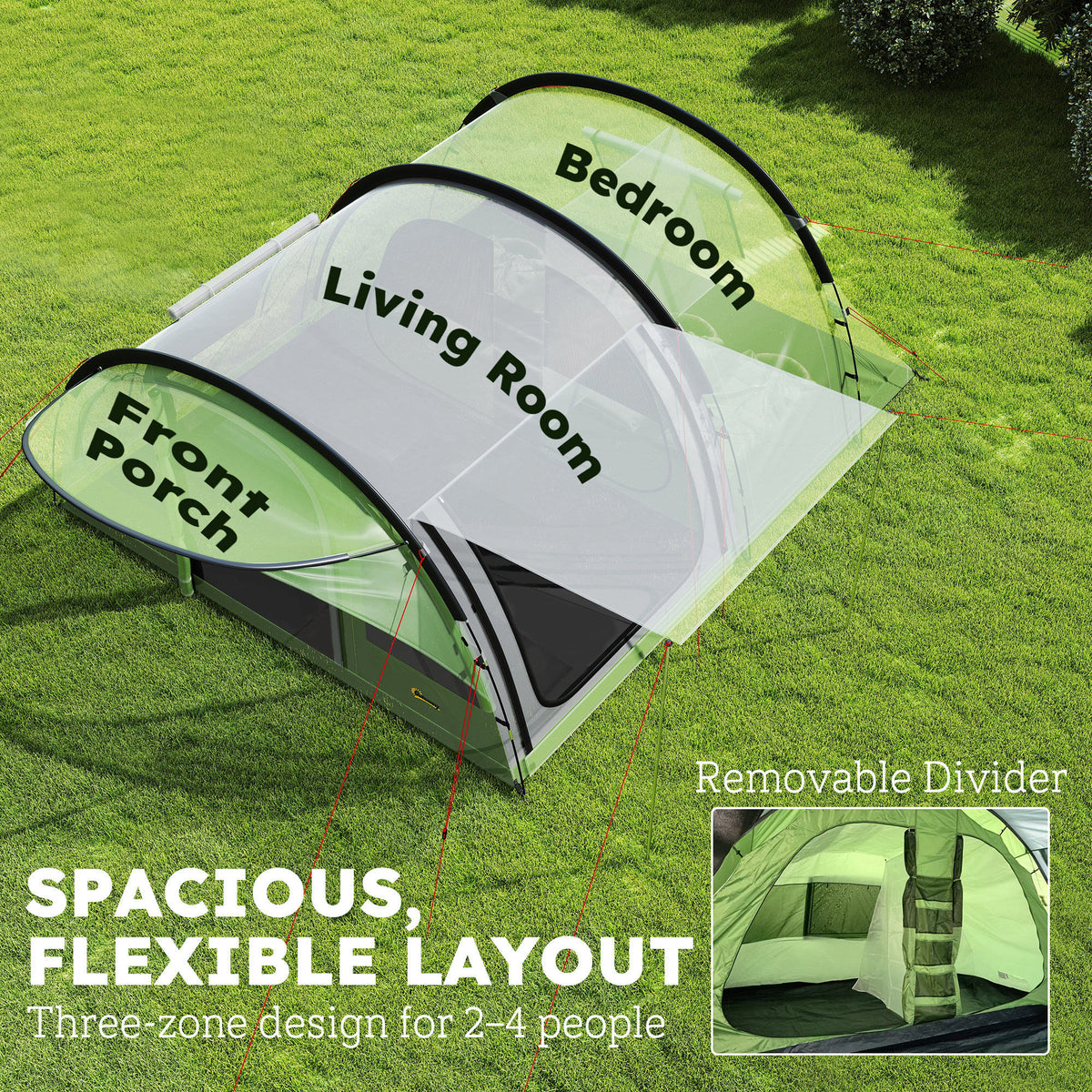 Outsunny 4 Person Easy Setup Family Camping Tent with 2 Rooms, Waterproof Tunnel Tent w/ Sewn In Groundsheet, Green & Grey