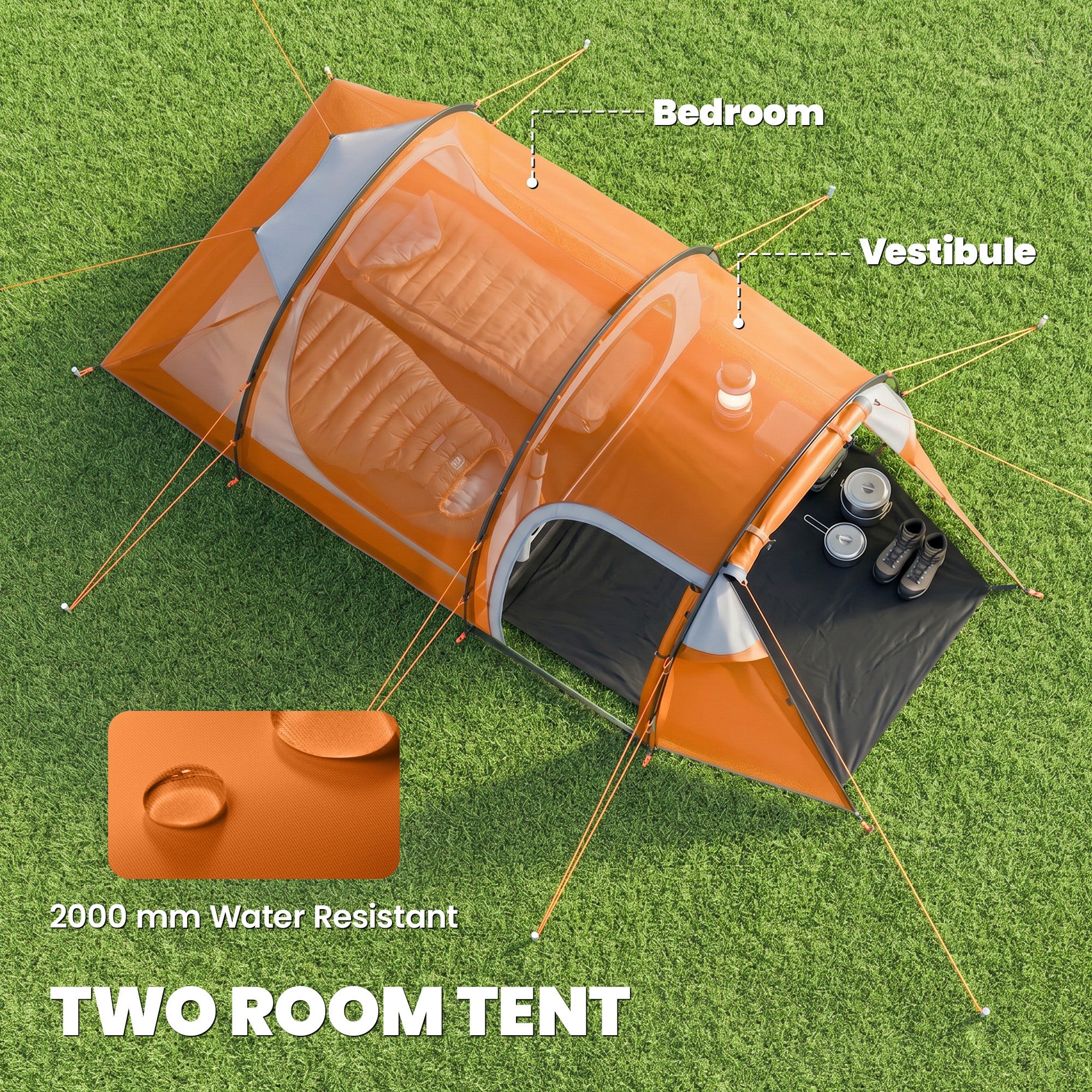 Outsunny 2-3 Man Tunnel Tents w/ Vestibule Camping Tent Porch Air Vents Weather-Resistant Shelter, Orange