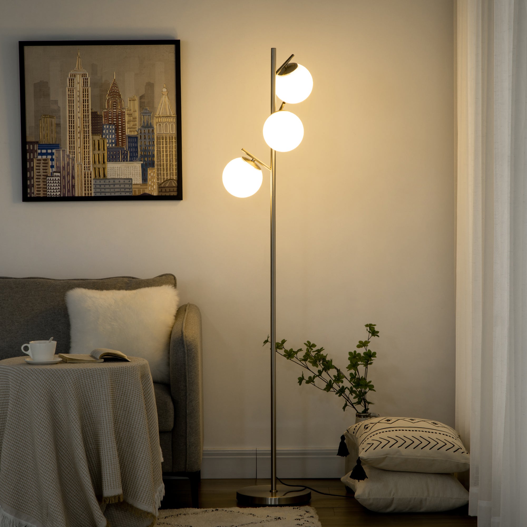 HOMCOM 3-Light Tree Floor Lamps for Living Room, Modern Standing Lamp for Bedroom with Globe Lampshade, Steel Base, Bulb not Included, Silver - North Peak Garden Furniture
