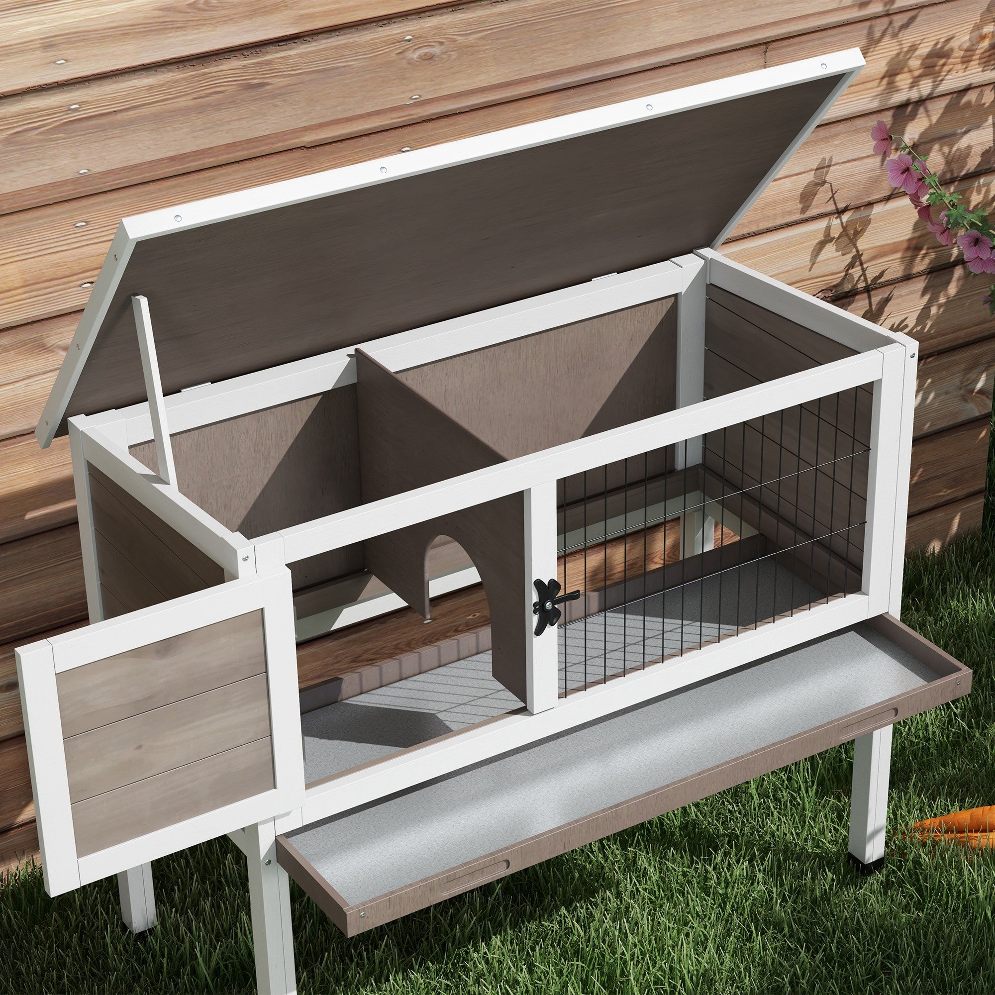 PawHut Wooden Guinea Pig Hutch, Small Animal Cage with Slide-out Tray, Openable Asphalt Roof, 84 x 43 x 70cm, Brown - North Peak Garden Furniture