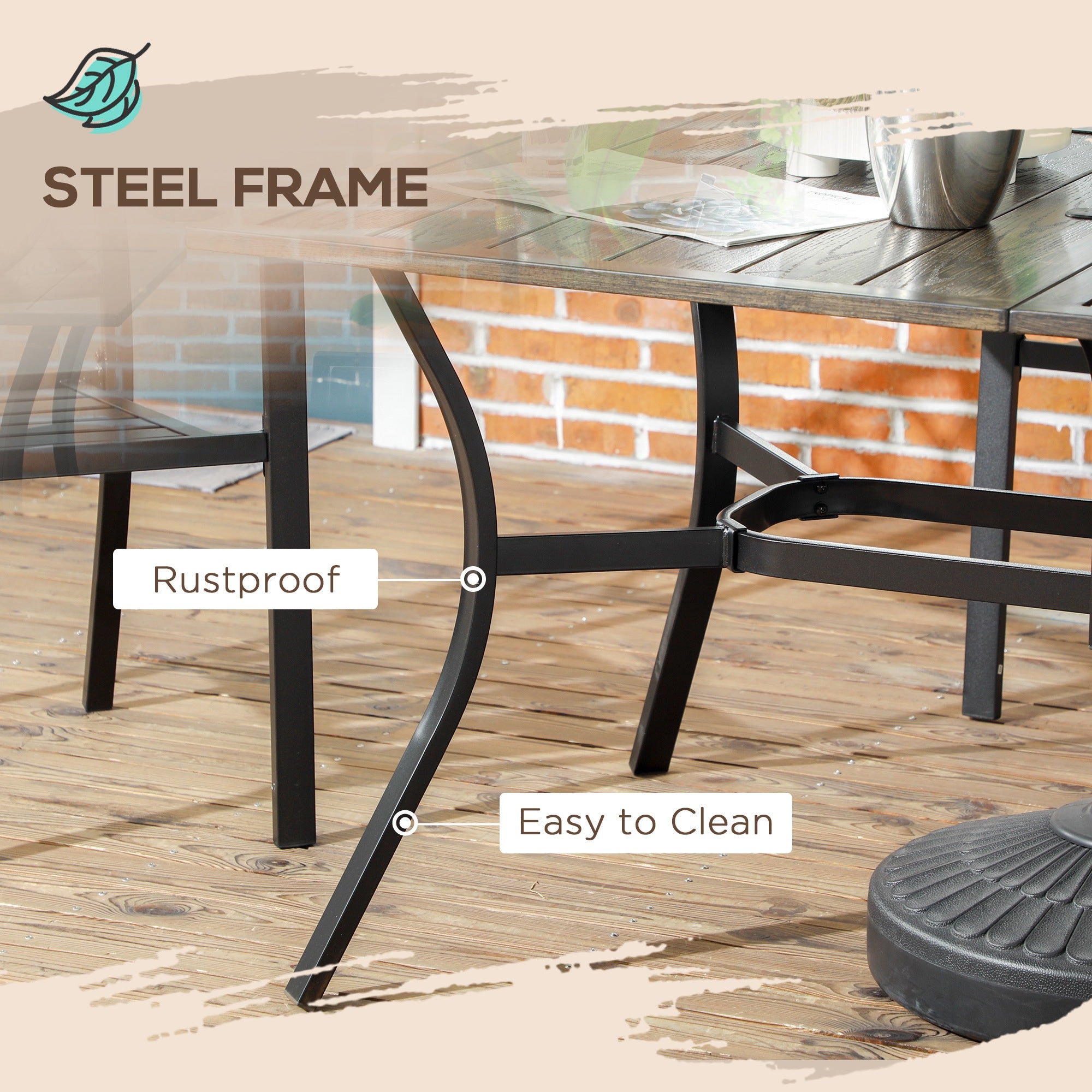 Outsunny Six-Seater Steel Garden Table, with ⌀41mm Parasol Hole - Wood-Effect - North Peak Garden Furniture