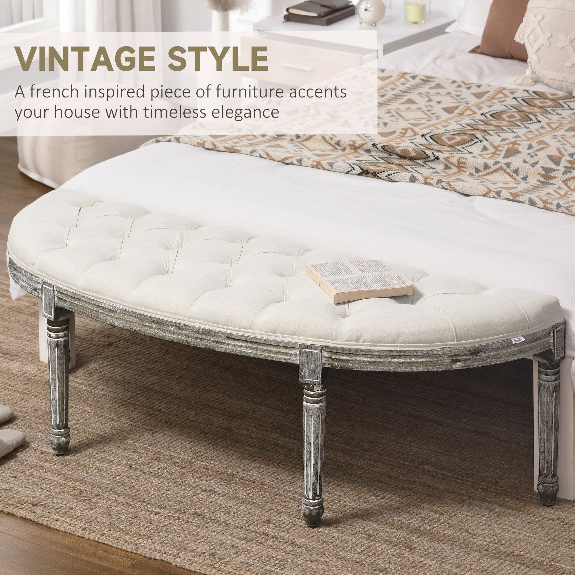 HOMCOM Half-Circle End Bench Ottoman Footstool Tufting Padded Seat Brushed Wood Base Antique Accents Home Seat Furniture Cream White and Light Wood Grain Leg - North Peak Garden Furniture