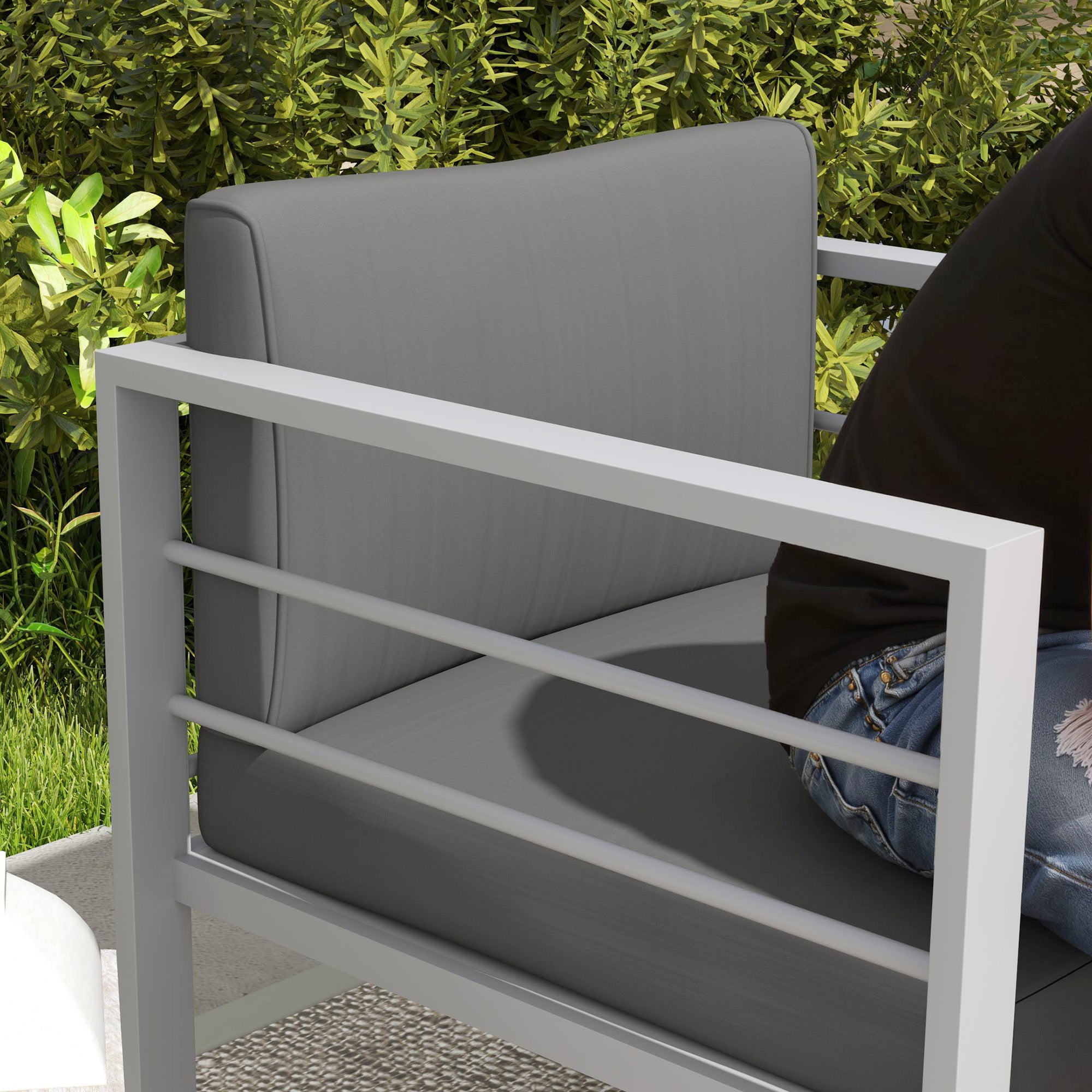 Outsunny Garden Sofa, All-Weather Garden Single Sofa with Removable Cushions, Metal Frame Outdoor Furniture for Balcony, Charcoal Grey - North Peak Garden Furniture