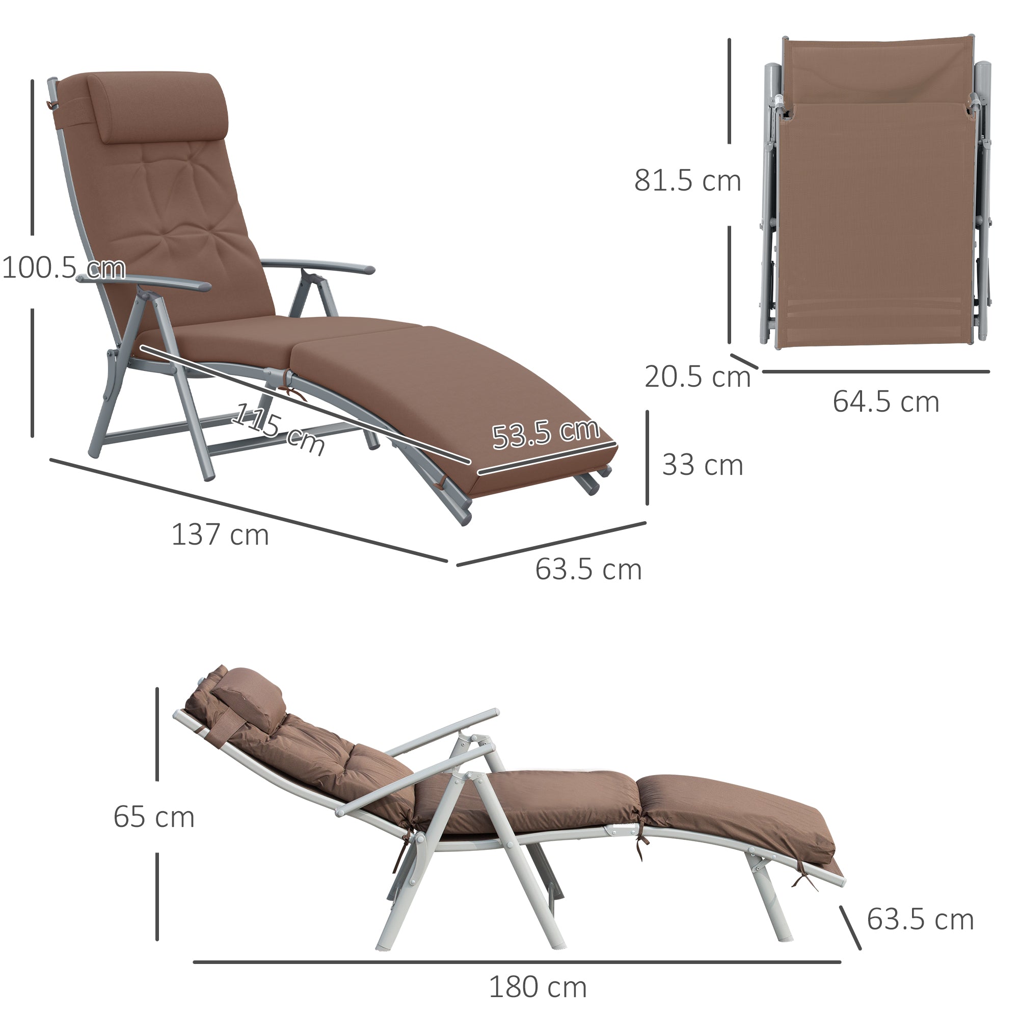 Outsunny Sun Lounger Steel Frame Outdoor Folding Chaise Texteline Lounge Chair Recliner with Headrest & 7 Levels Adjustable Backrest, Brown - North Peak Garden Furniture