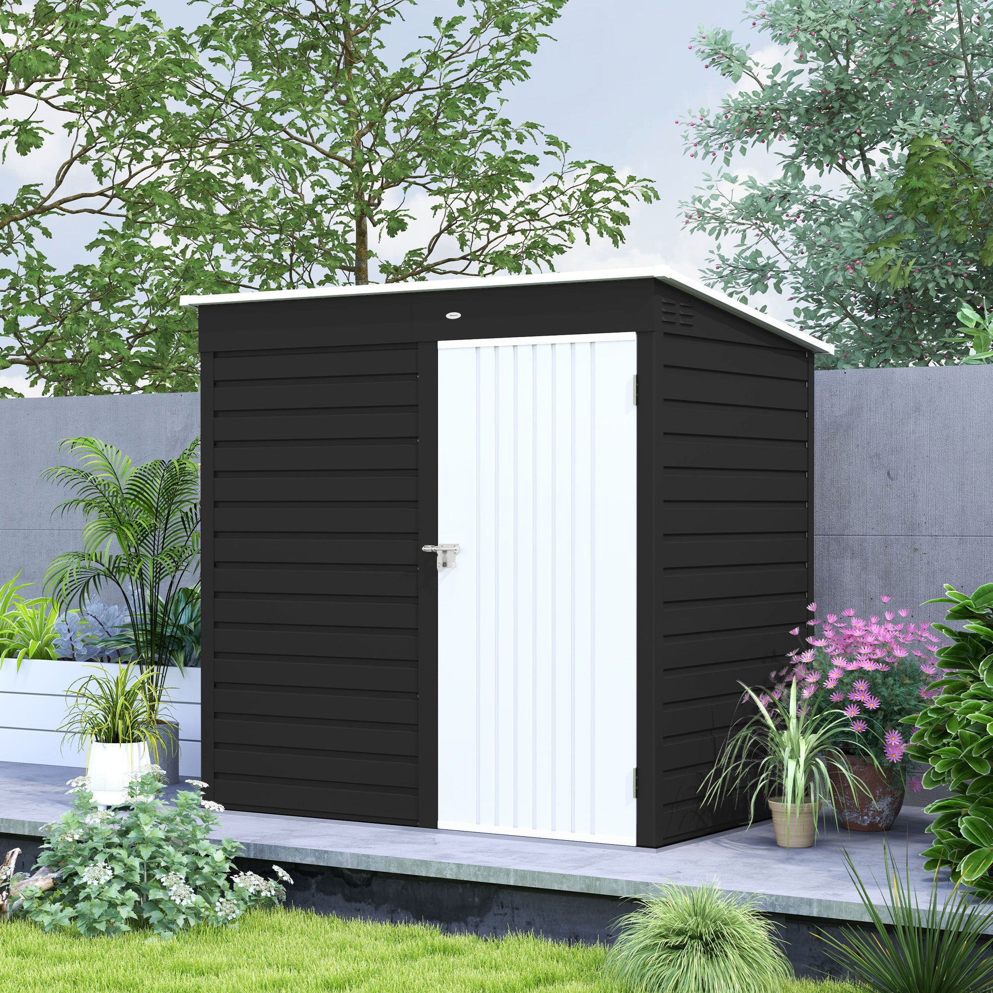 Outsunny 6 x 4ft Metal Garden Storage Shed, Outdoor Tool Storage Shed with Lockable Door and Gloves for Garden, Patio, Dark Grey - North Peak Garden Furniture