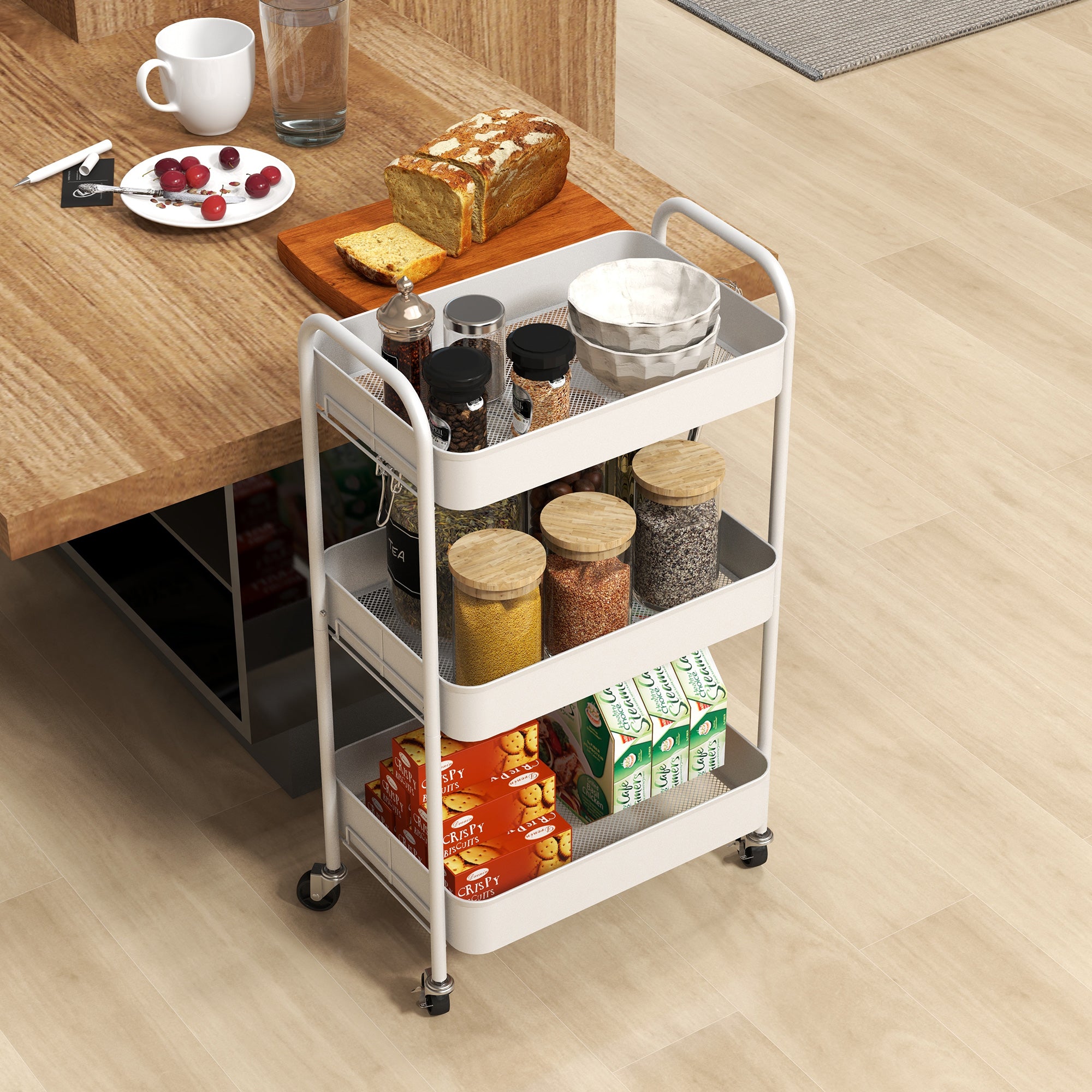 HOMCOM Three-Tier Steel Storage Trolley - White - North Peak Garden Furniture