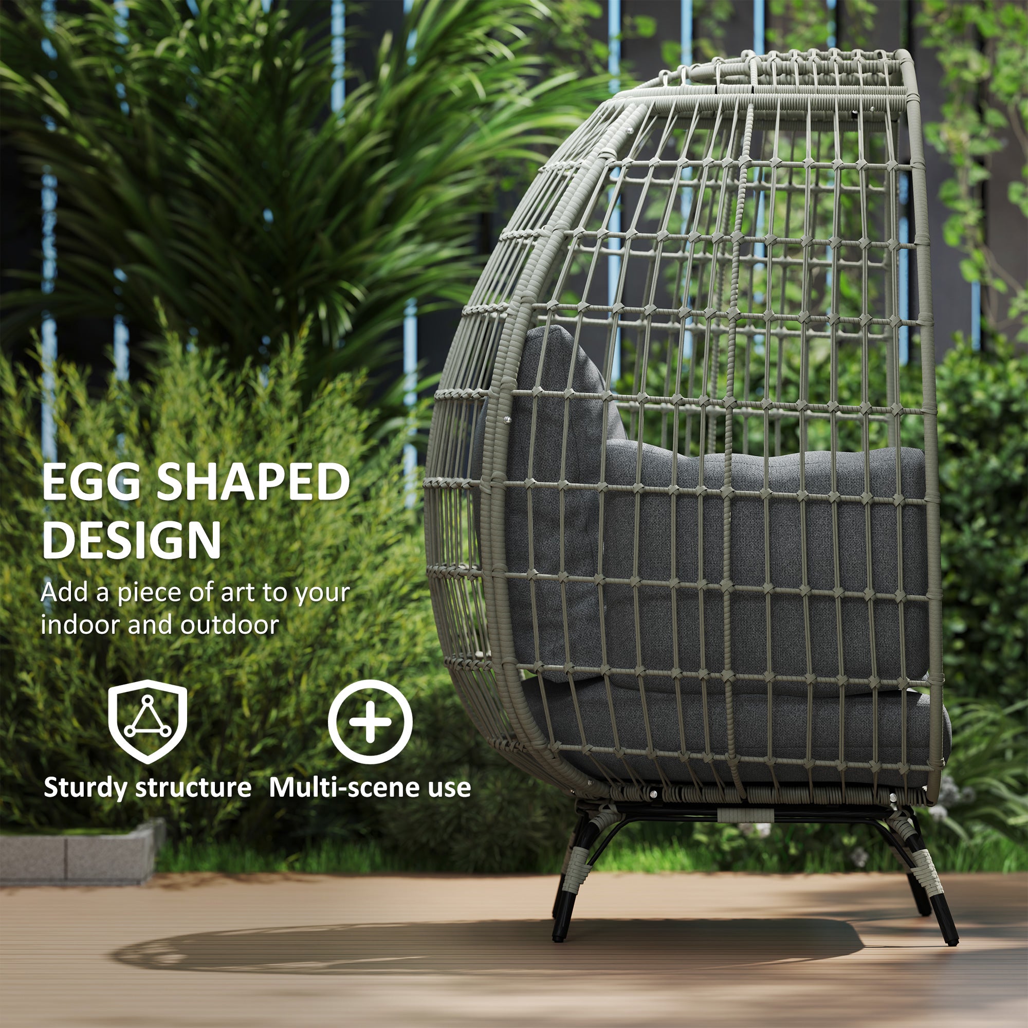 Outsunny Rattan Egg Chair with Cushions and Pillows, Charcoal Grey - North Peak Garden Furniture