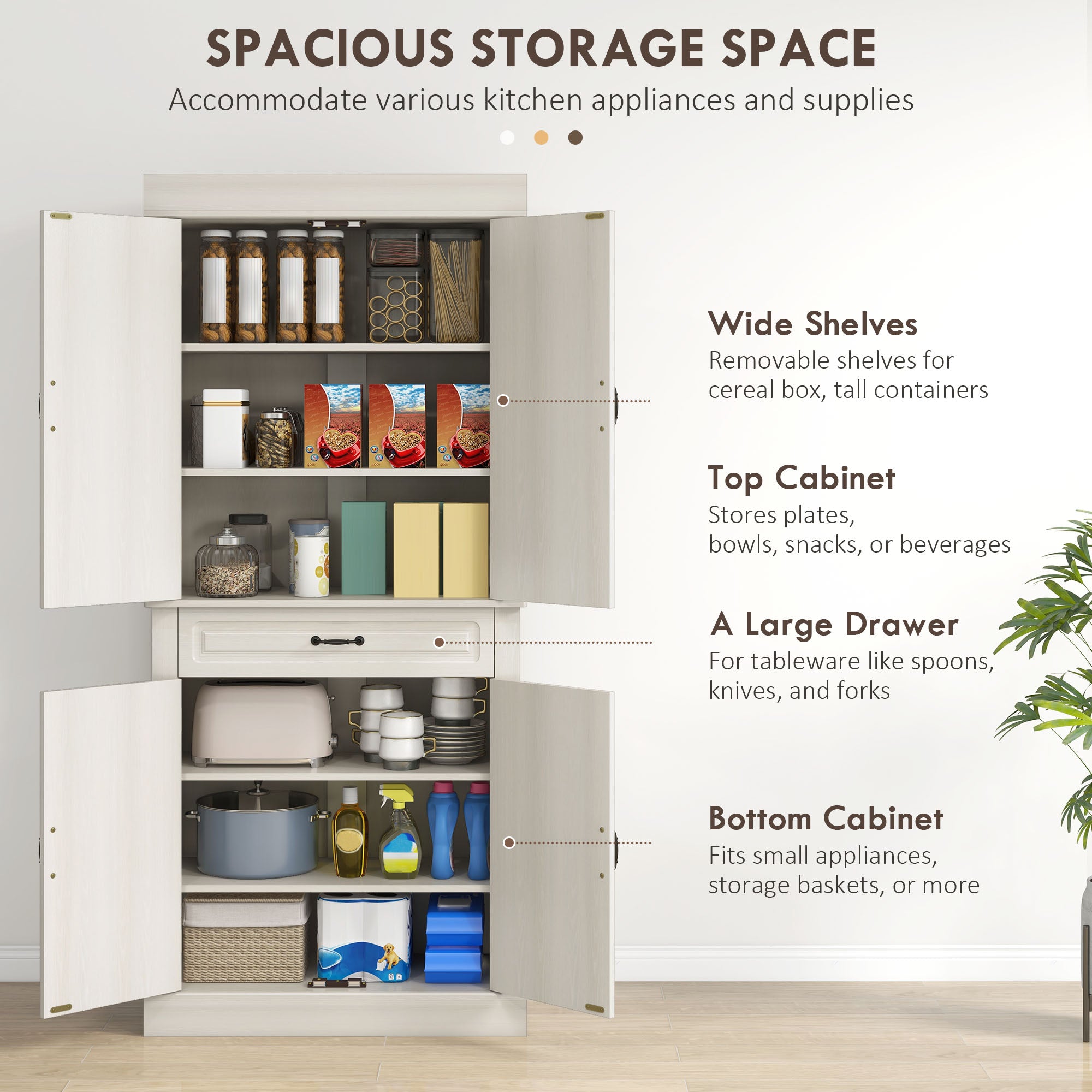 HOMCOM Kitchen Cupboard with 4 Doors, Freestanding Storage Cabinet with Wide Drawer and Shelves for Living Room, 180cm, White Wood Grain