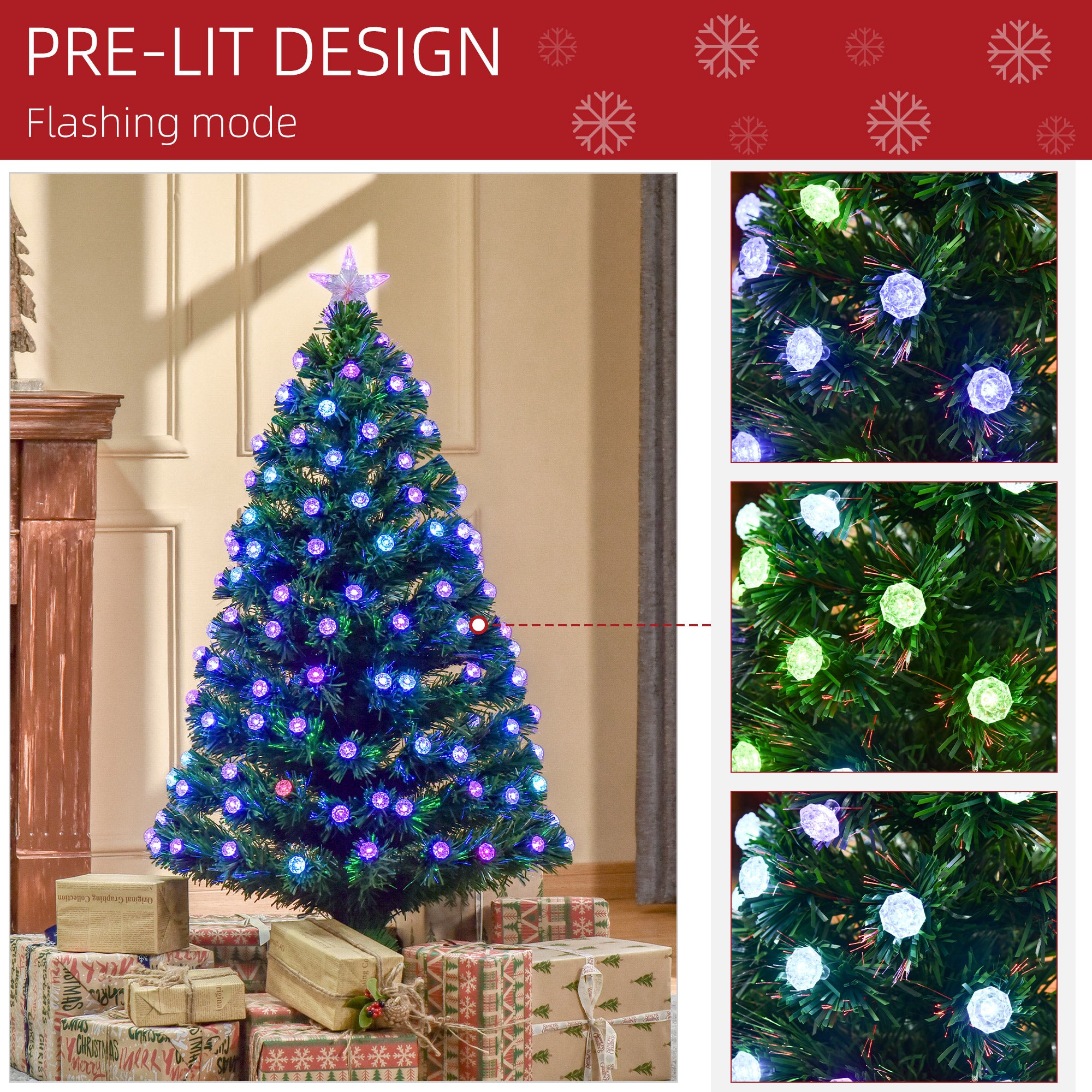 HOMCOM 4FT Pre-Lit Artificial Christmas Tree w/Fibre Optic Decorations LED Light Holiday Home Xmas Decoration-Green - North Peak Garden Furniture