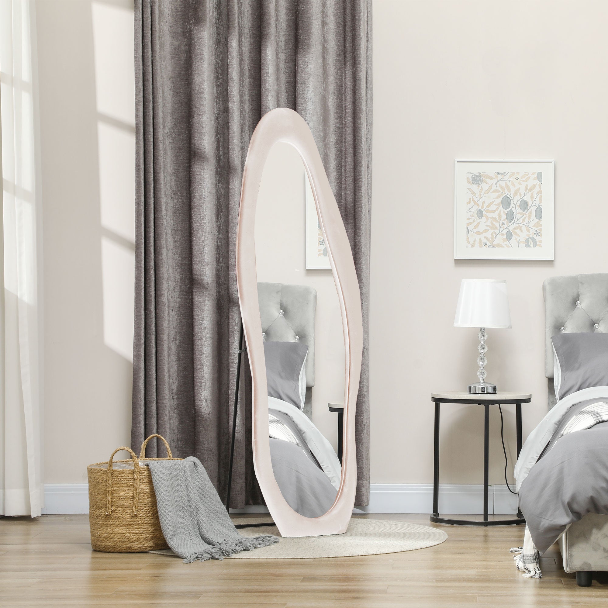 HOMCOM Wavy Velvet-Feel Full Length Mirror - Light Pink - North Peak Garden Furniture