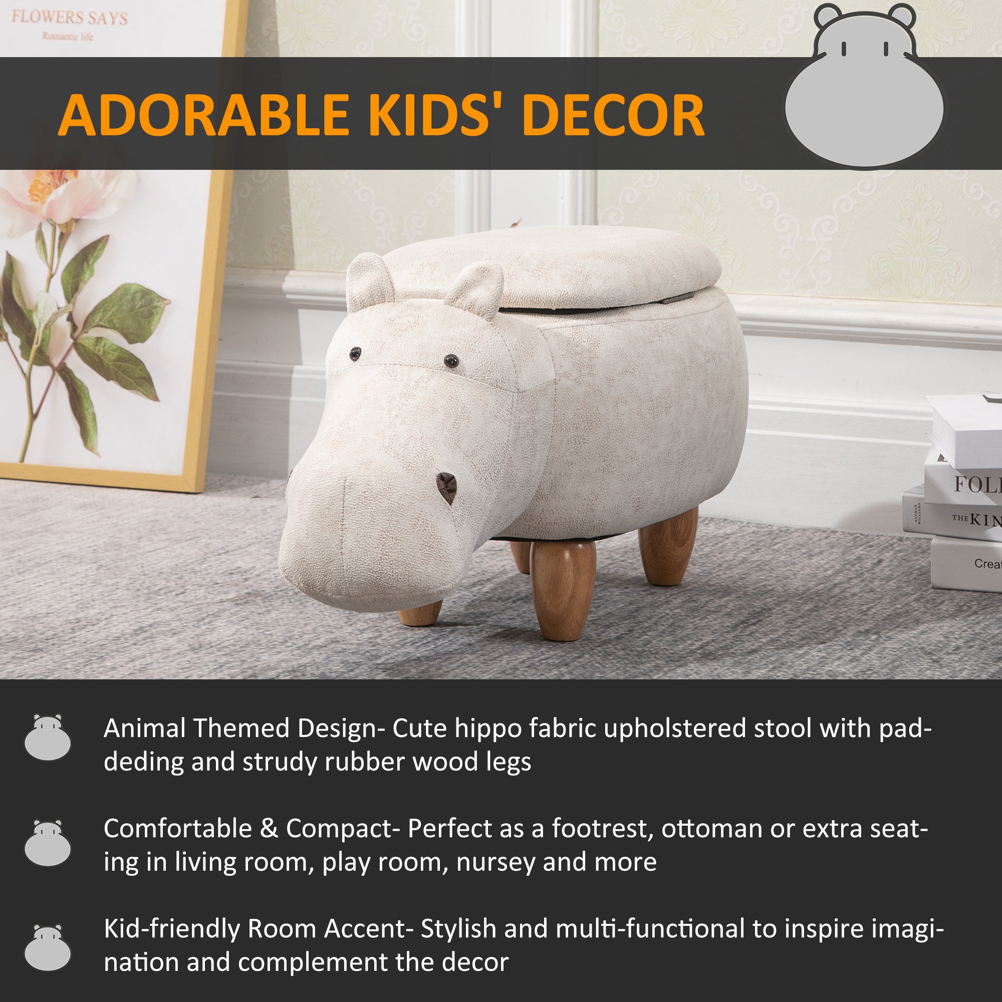 HOMCOM Hippo Storage Stool Cute Decoration Footrest Wood Frame Legs with Padding Lid Ottoman Animal Furniture Cream 36 x 65cm