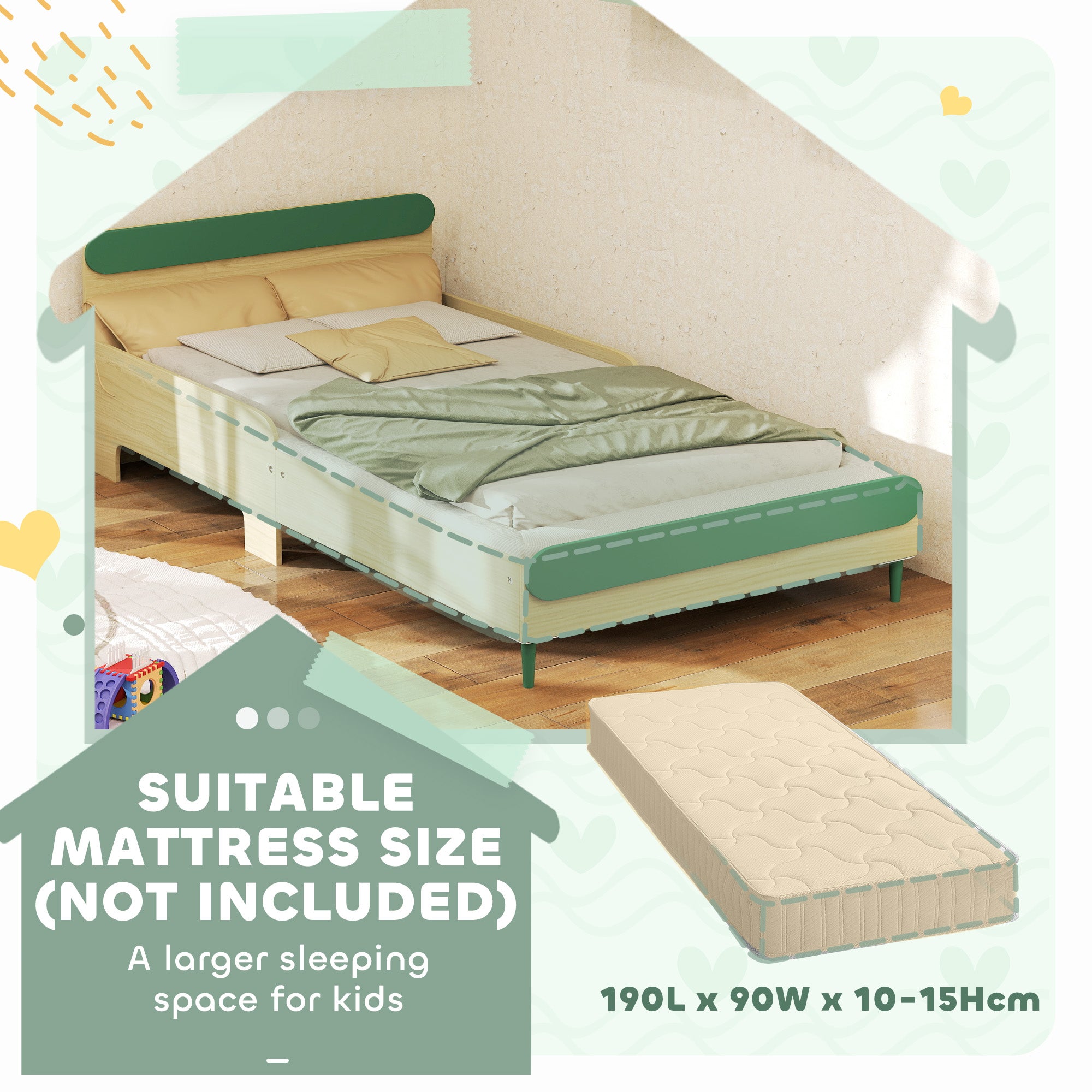 AIYAPLAY Toddler Bed with Safety Rail for Ages 3-10 Years, 195 x 103 x 60.5cm, Green - North Peak Garden Furniture