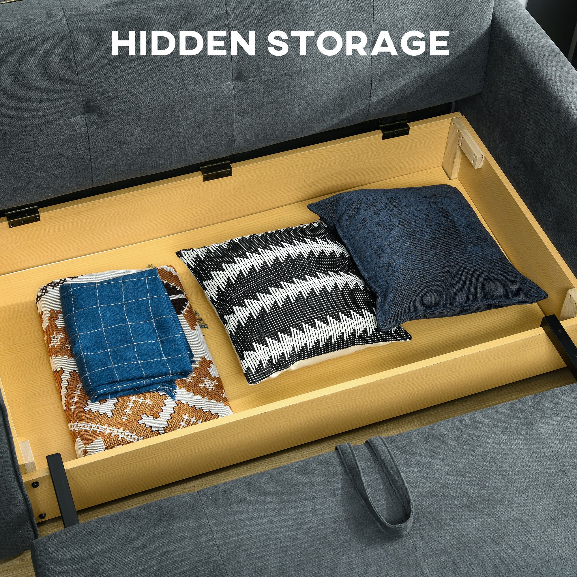 HOMCOM 2 Seater Sofa Bed, Convertible Bed Settee, Modern Fabric Loveseat Sofa Couch with 2 Cushions, Hidden Storage for Living Room, Guest Room, Dark Grey - North Peak Garden Furniture
