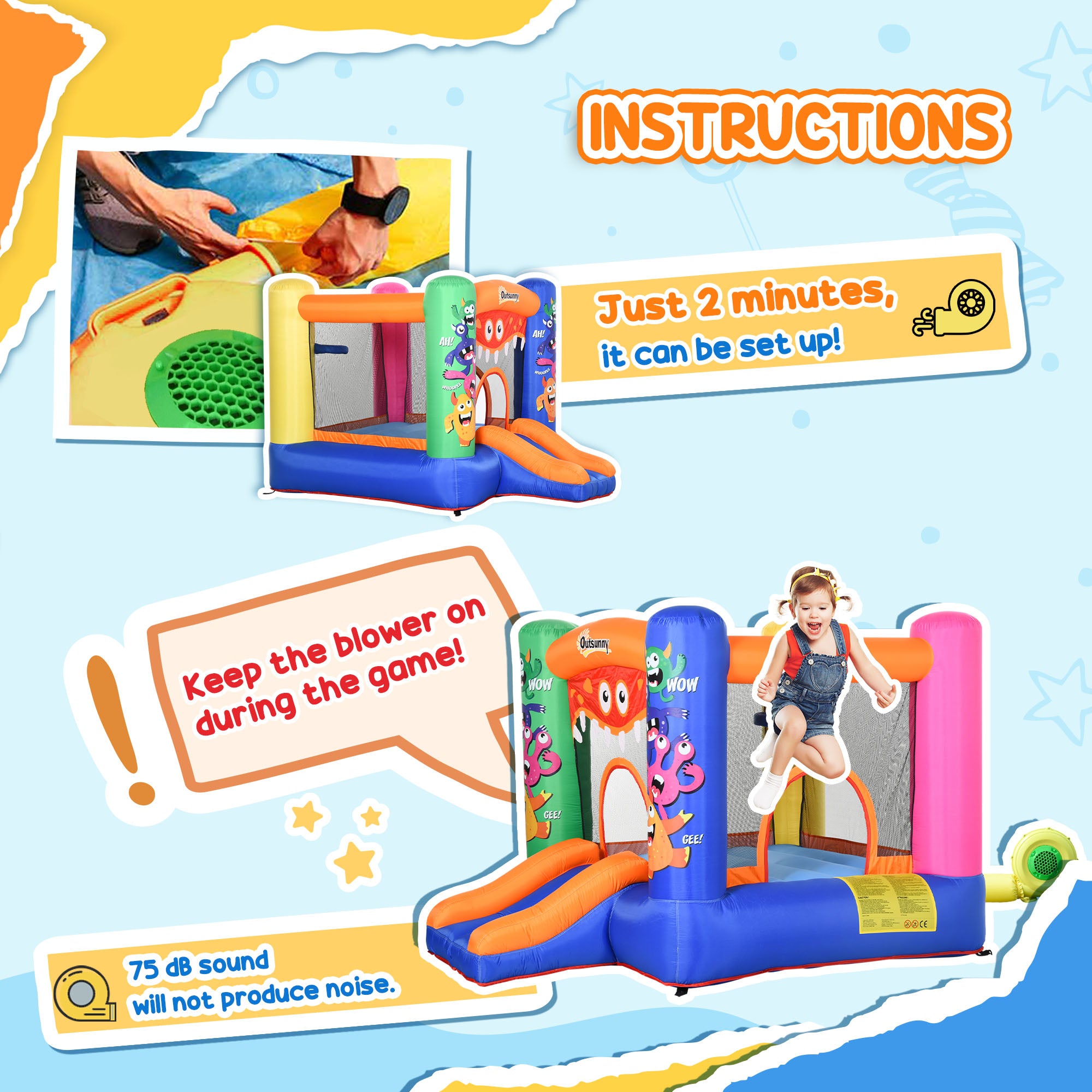 Outsunny Bouncy Castle Inflatable Basket Trampoline Slide Monster Design 180 x 250 x 175 (CM)