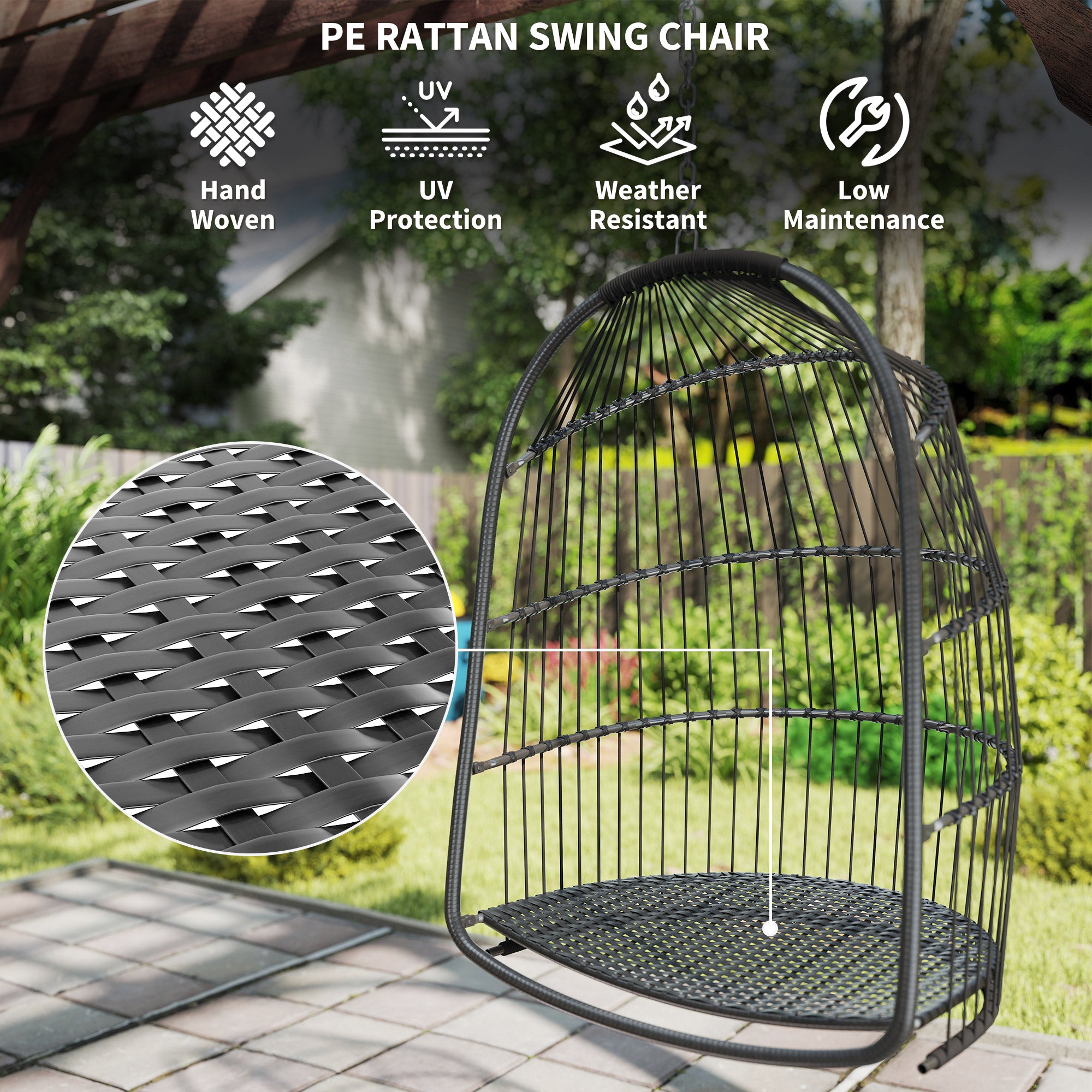 Outsunny Hanging Egg Chair, Foldable Rattan Garden Swing Chair with Installation Kit, Thickened Cushion and Headrest, Indoor Outdoor Hanging Egg Basket Seat for Patio, Porch, Dark Grey - North Peak Garden Furniture