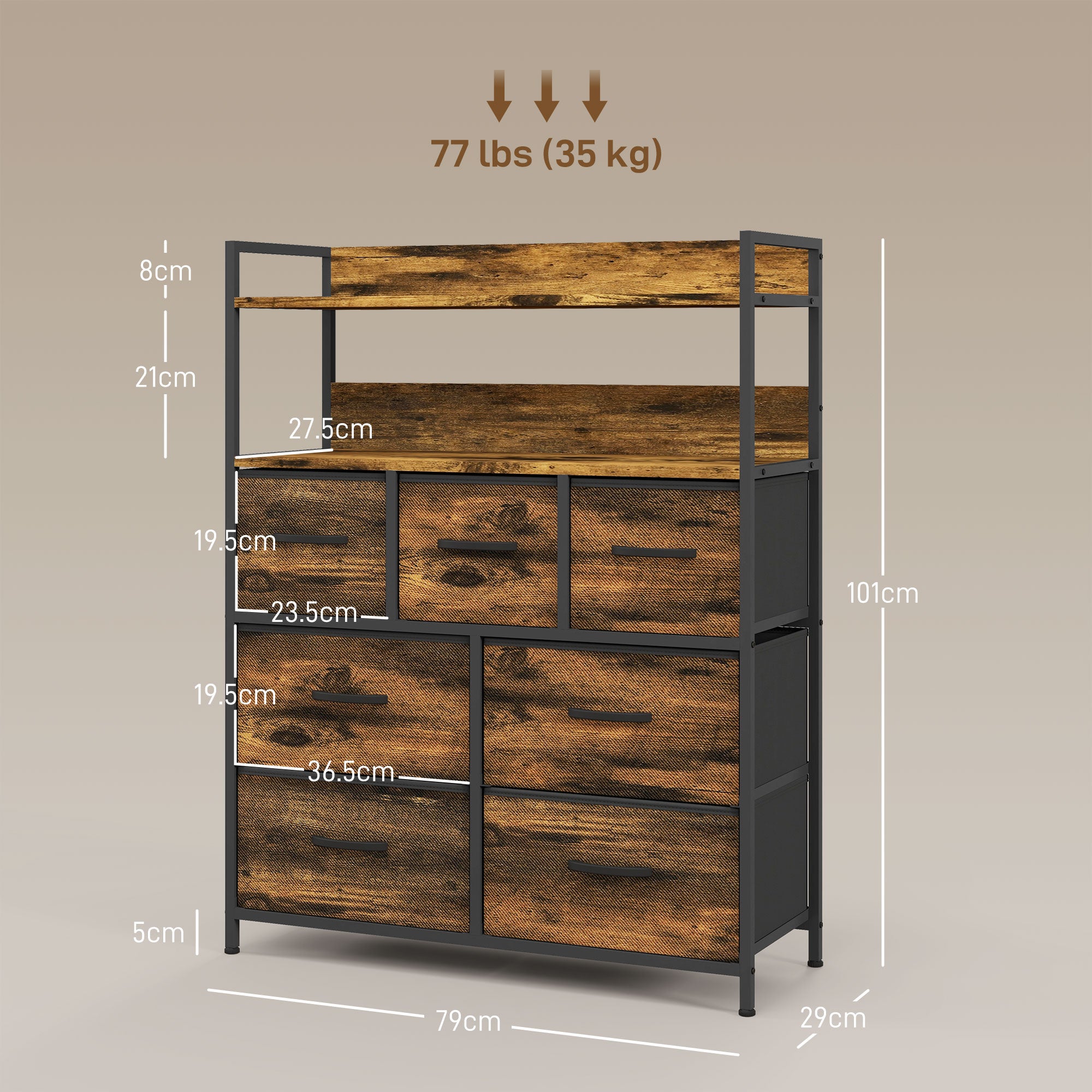 HOMCOM Rustic Chest of Seven Fabric Drawers - Rustic Brown - North Peak Garden Furniture