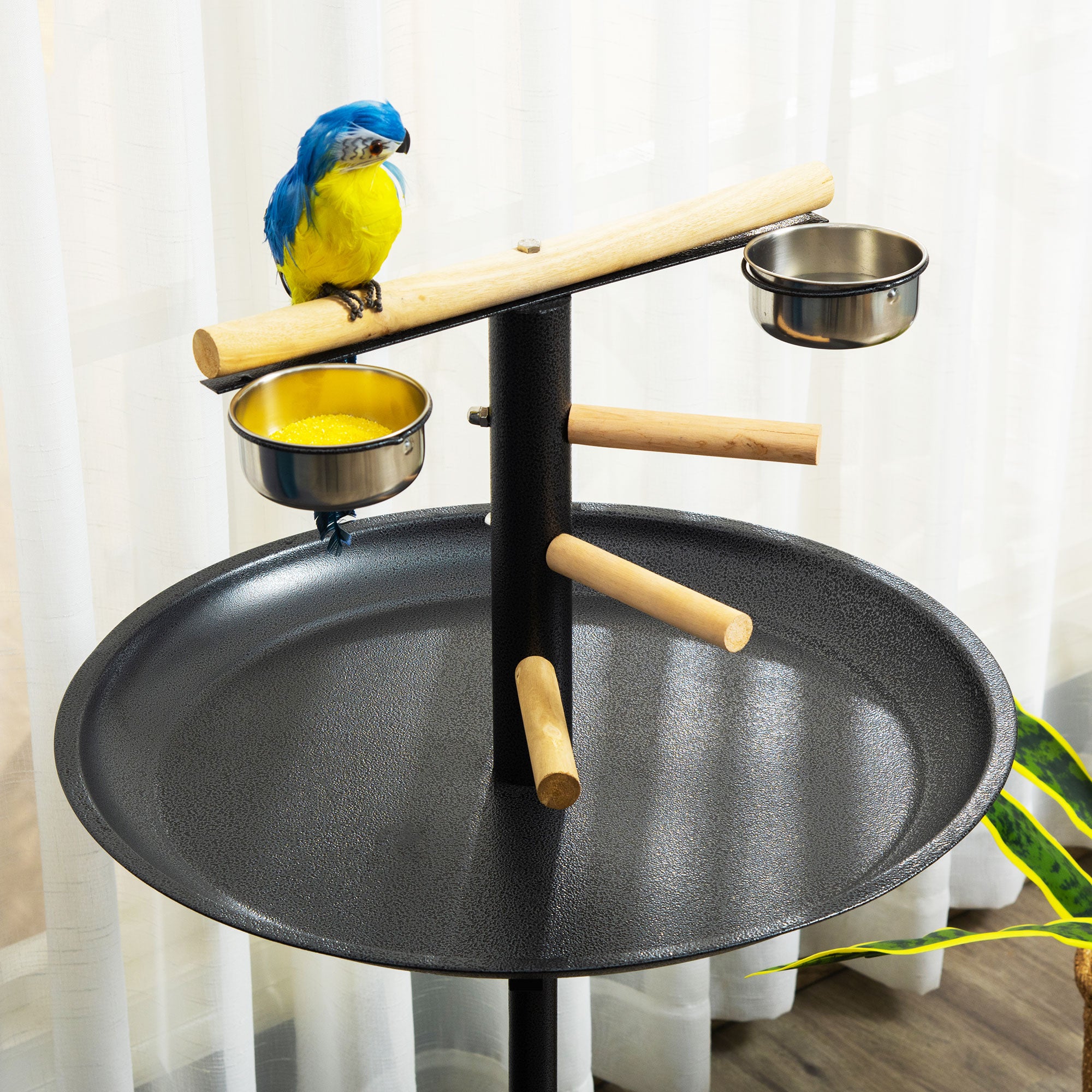 PawHut Metal Bird Table Play Stand, Bird Feeder Station Parrot Perch with Four Wheels Feeding Bowls Round Tray - North Peak Garden Furniture