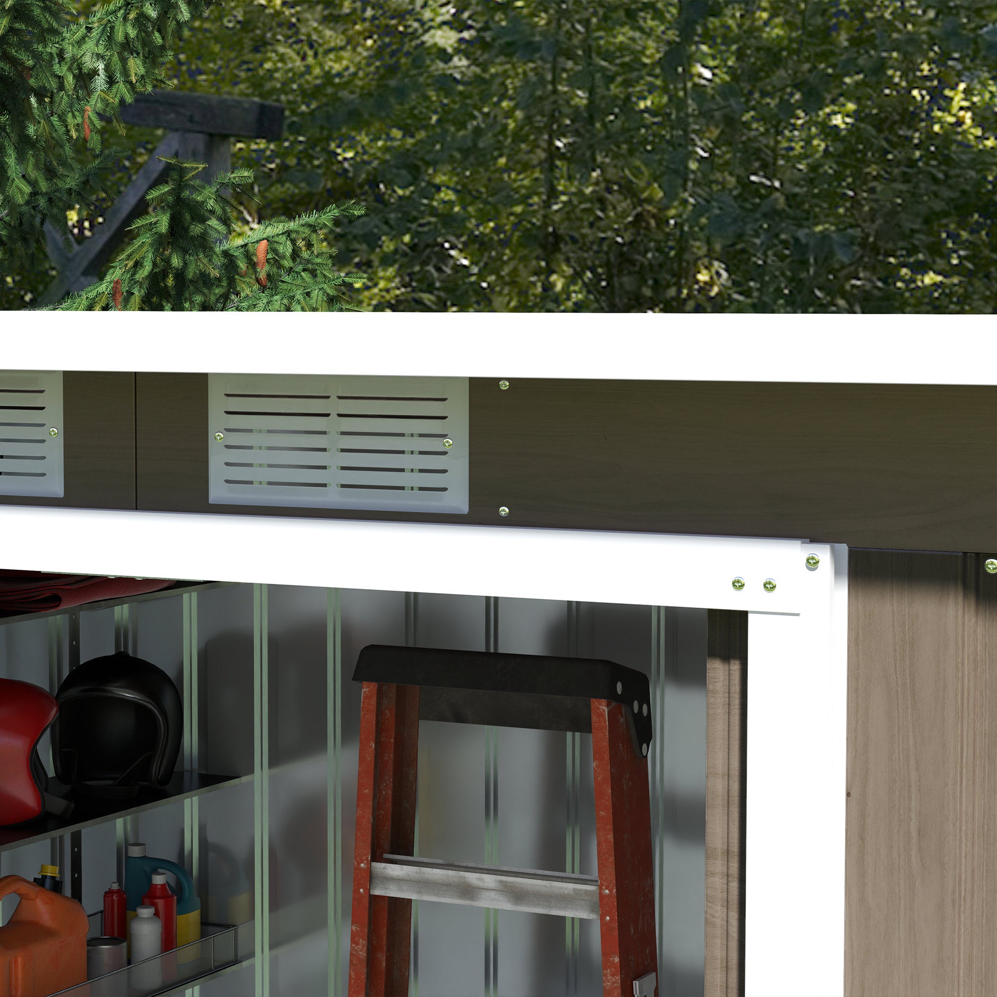 Outsunny 9ft x 4ft Metal Garden Shed, Outdoor Tool House with Foundation Kit, Ventilations and Double Doors, Light Grey Wood Grain - North Peak Garden Furniture