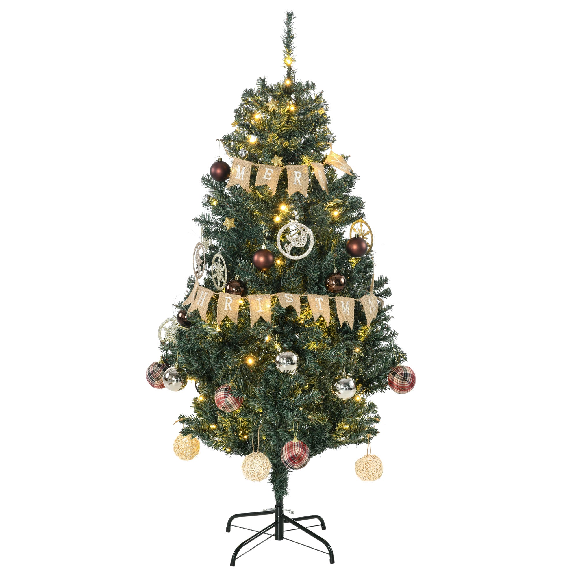 HOMCOM 5' Artificial Prelit Christmas Trees Holiday Décor with Warm White LED Lights, Decoration, Banner, Tag, Ball - North Peak Garden Furniture
