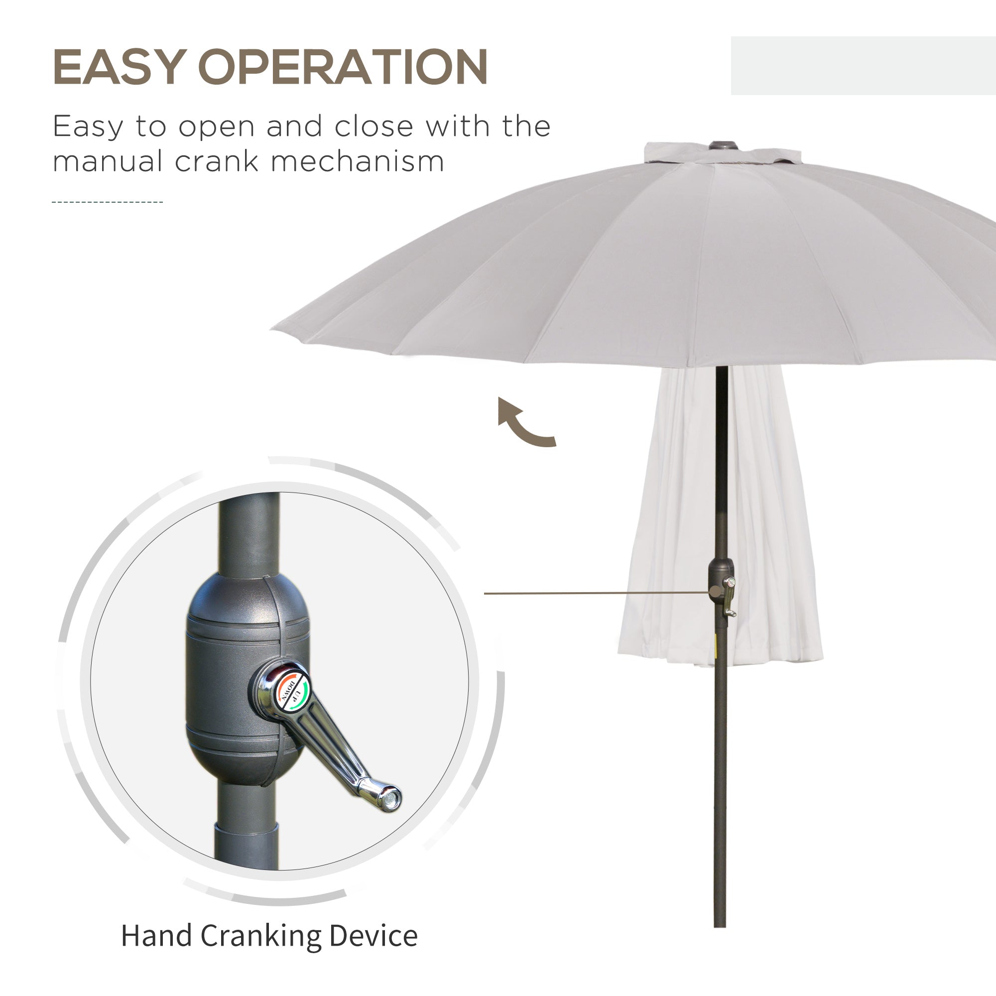 Outsunny 2.5m Tilting Parasol, with Pleated Canopy - Light Grey - North Peak Garden Furniture
