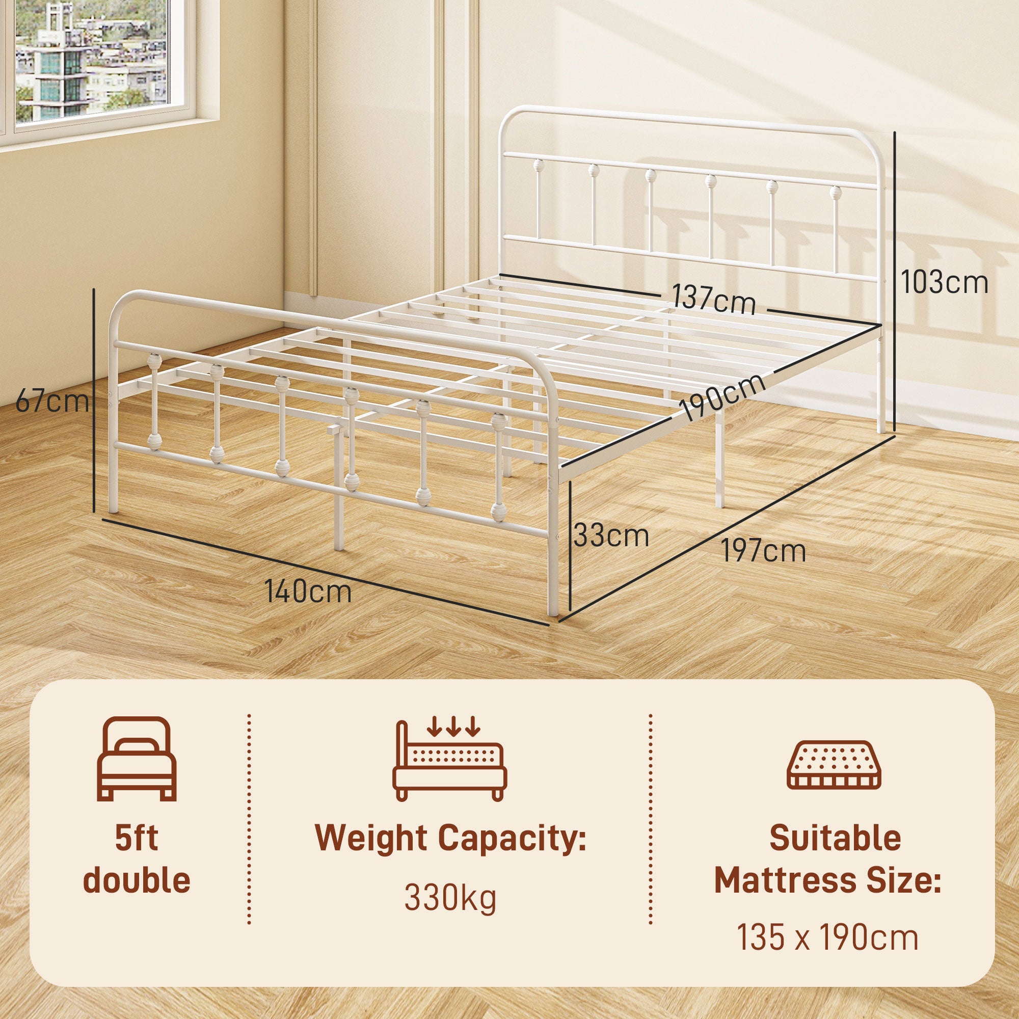 HOMCOM Double Minimalistic Metal Bed Frame - White - North Peak Garden Furniture