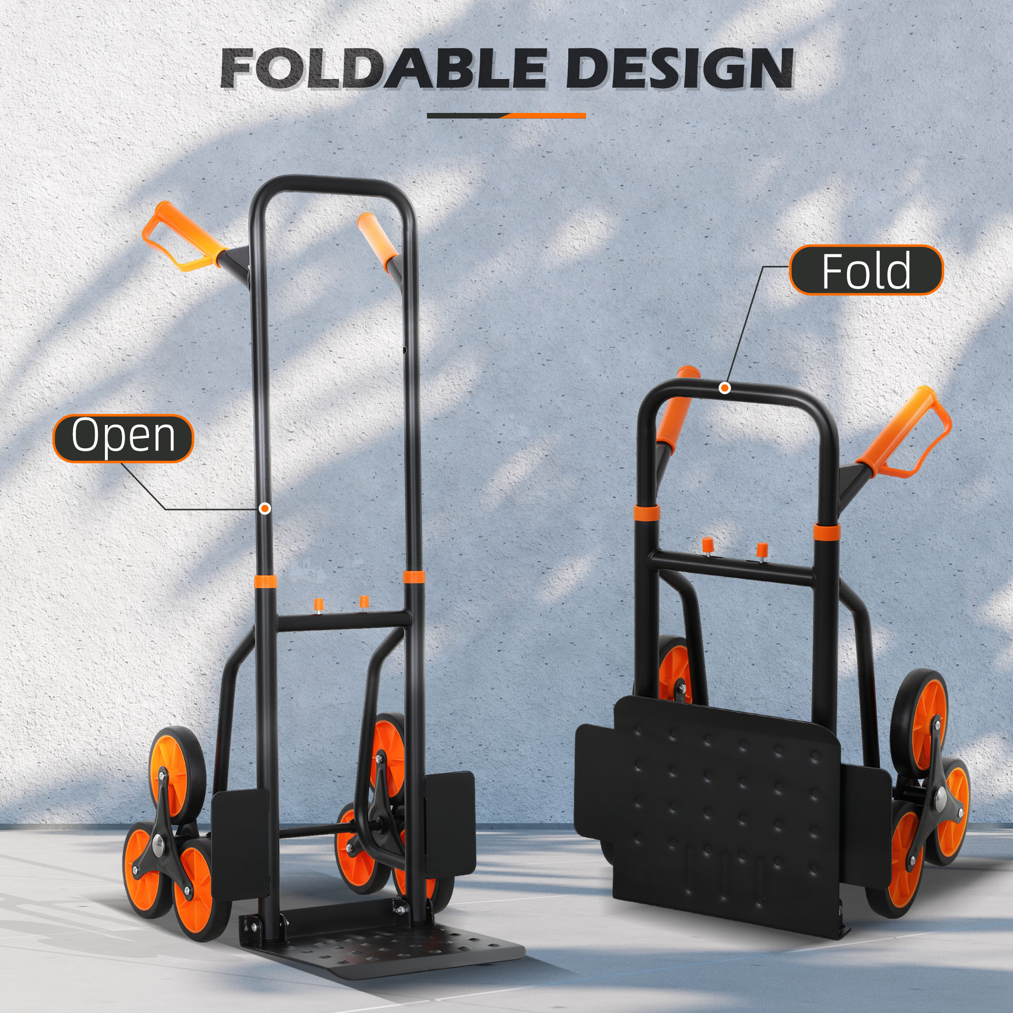 DURHAND Steel Climbing Stairs Trolley Hand Trucks 6-Wheels Foldable Load Cart 120kg, Orange - North Peak Garden Furniture