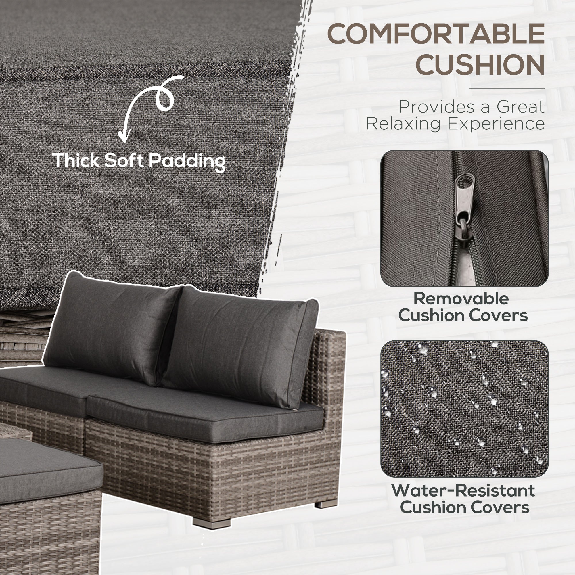 Outsunny 8 Pieces PE Rattan Sofa Set with Cushions, Garden Corner Sofa with 4 Seater Sofa, 2 Footstools and 2 Coffee Table Set, Space-saving Design, No Assembly Required, Grey - North Peak Garden Furniture