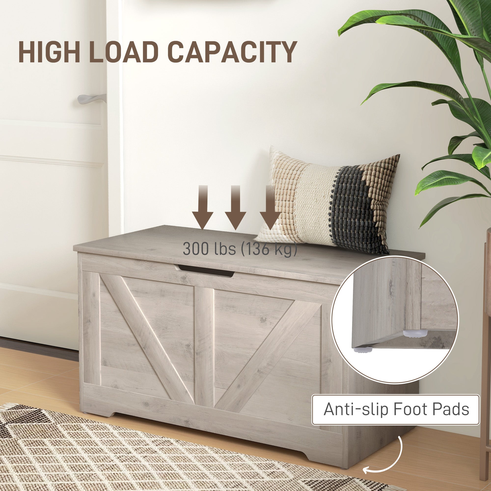 HOMCOM 100L Home Storage Box, with Safety Hinges - White Wood-Effect - North Peak Garden Furniture