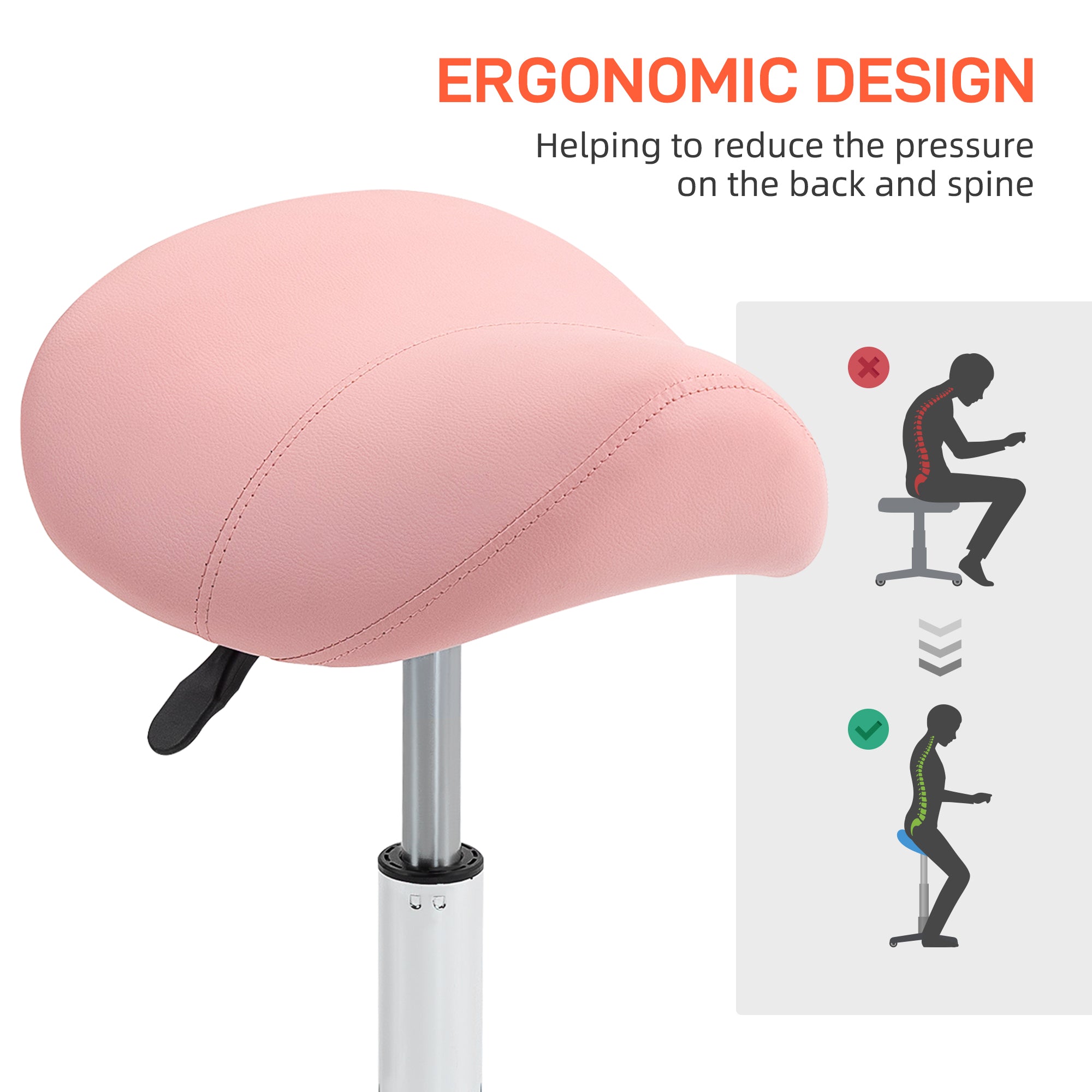 HOMCOM Saddle Stool, Height Adjustable Salon Chair for Massage Spa, Faux Leather, Pink - North Peak Garden Furniture