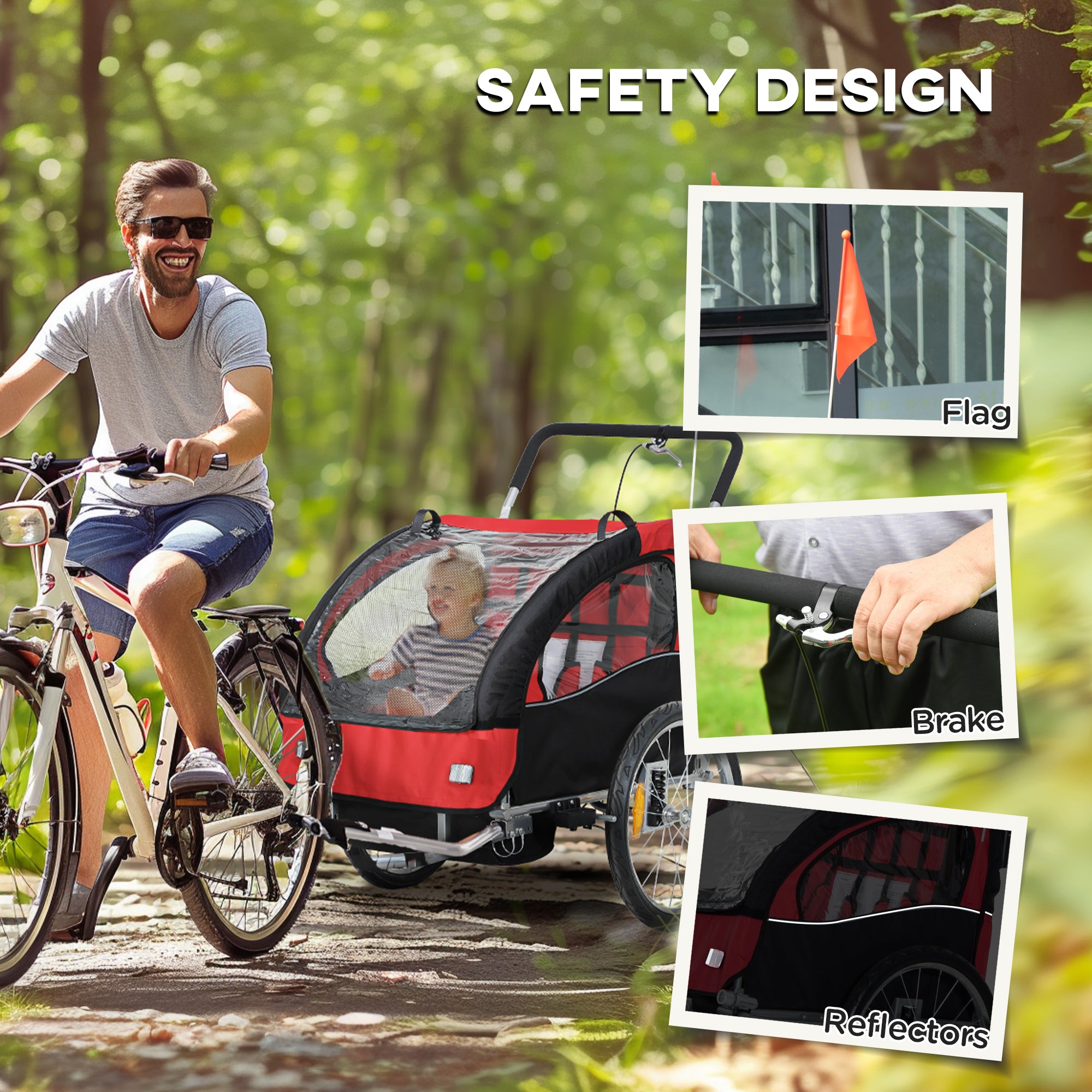 HOMCOM 2 Seat Bike Trailer with 5 Point Harness, Baby Bike Stroller with Safety Flag, Reflectors, for 18+ Months, Red - North Peak Garden Furniture