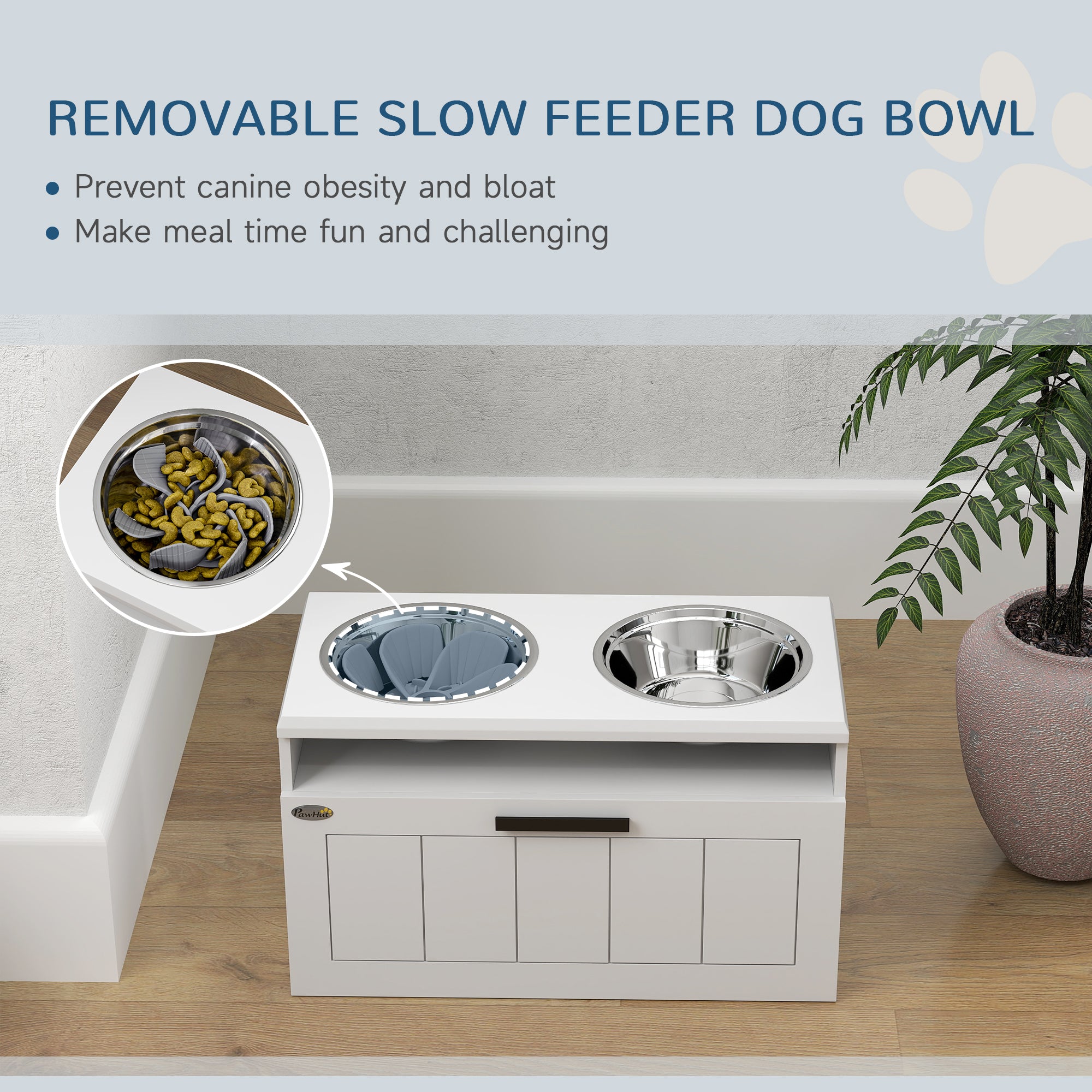 PawHut Raised Dog Bowl with Slow Feeder & 2 Stainless Steel Dog Bowl, 25L Storage Drawer, for Large & Extra Large Dogs, White - North Peak Garden Furniture