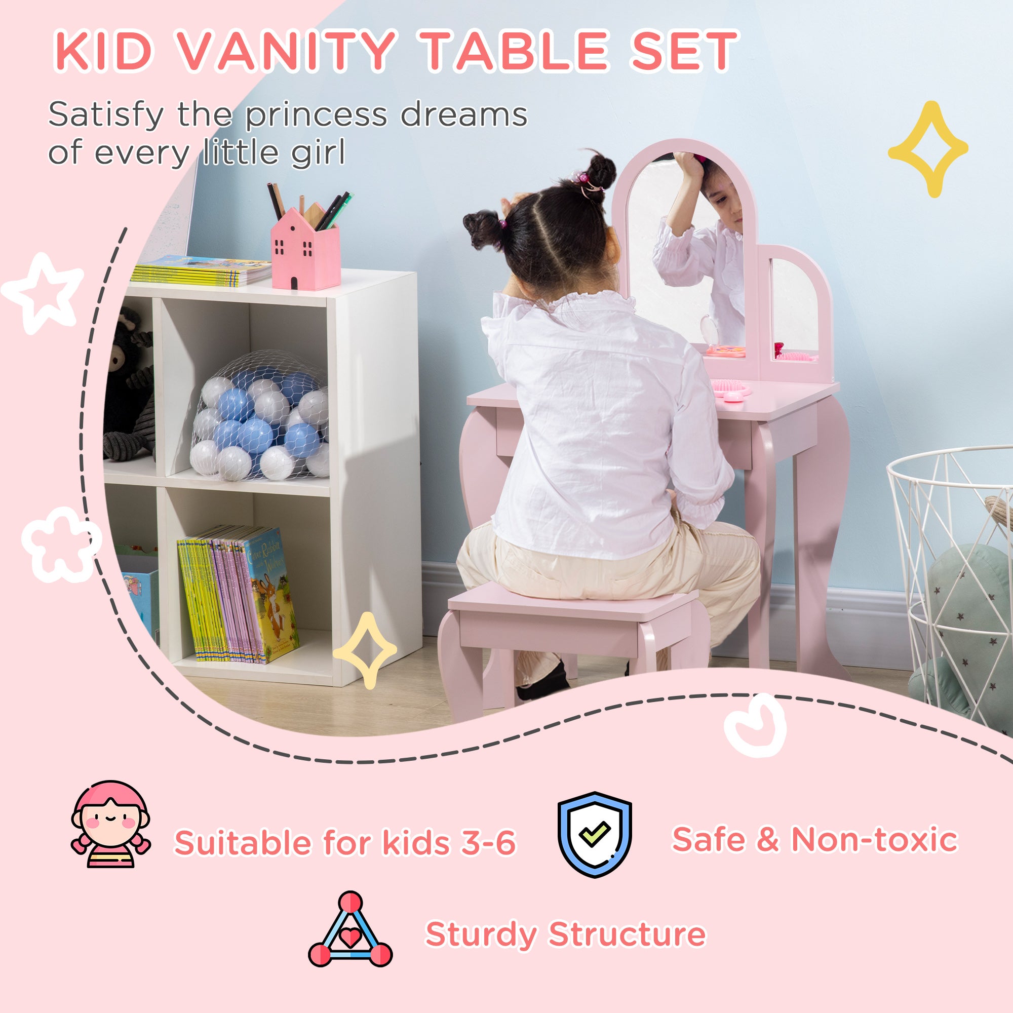 HOMCOM Kids Dressing Table Set, with Mirror and Drawer - Pink