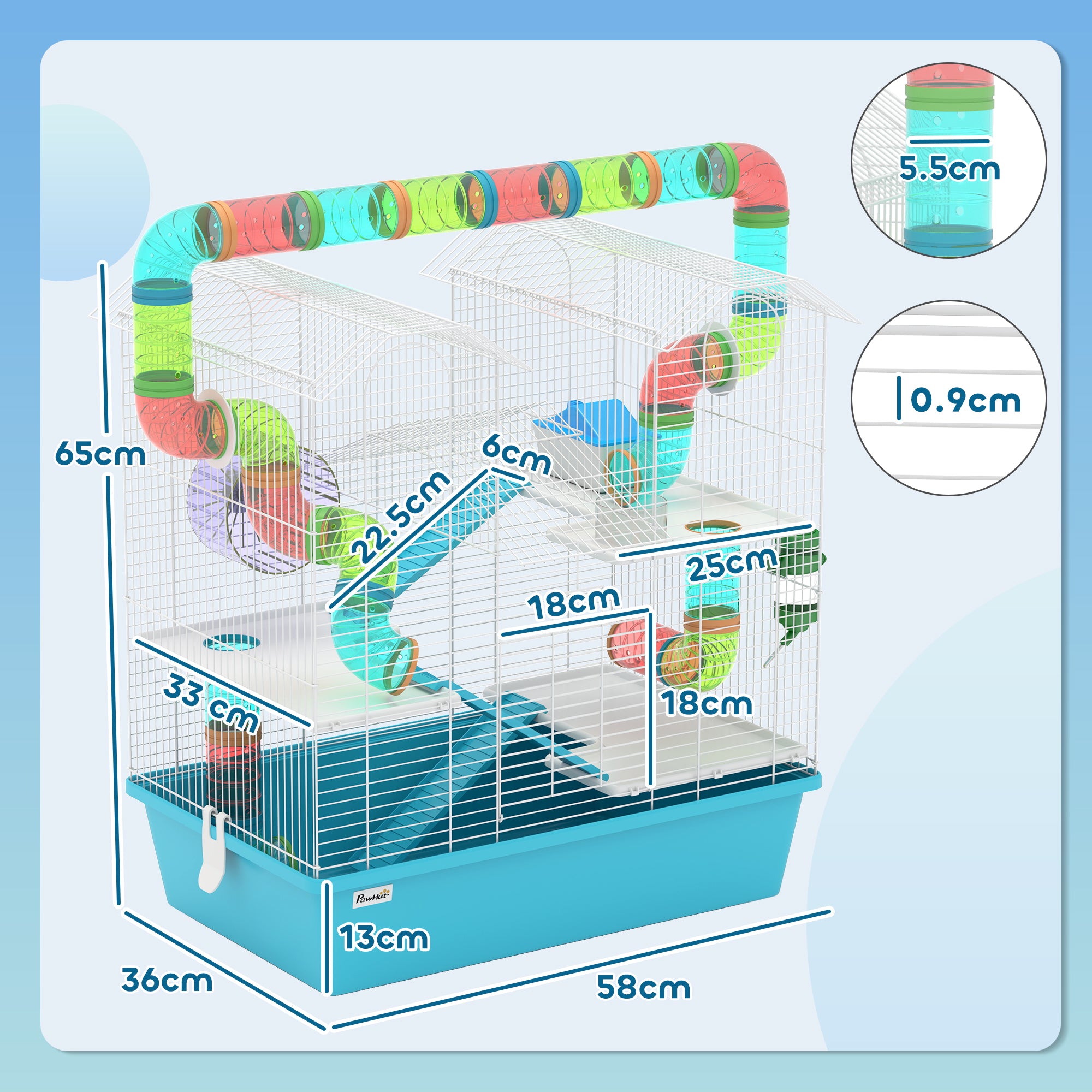 PawHut 4 Tier Hamster Cage w/ Tubes, Exercise Wheel, Hut, Water Bottle, Food Dish, Ramps, for Drawf, 58 x 36 x 65cm, Light Blue - North Peak Garden Furniture