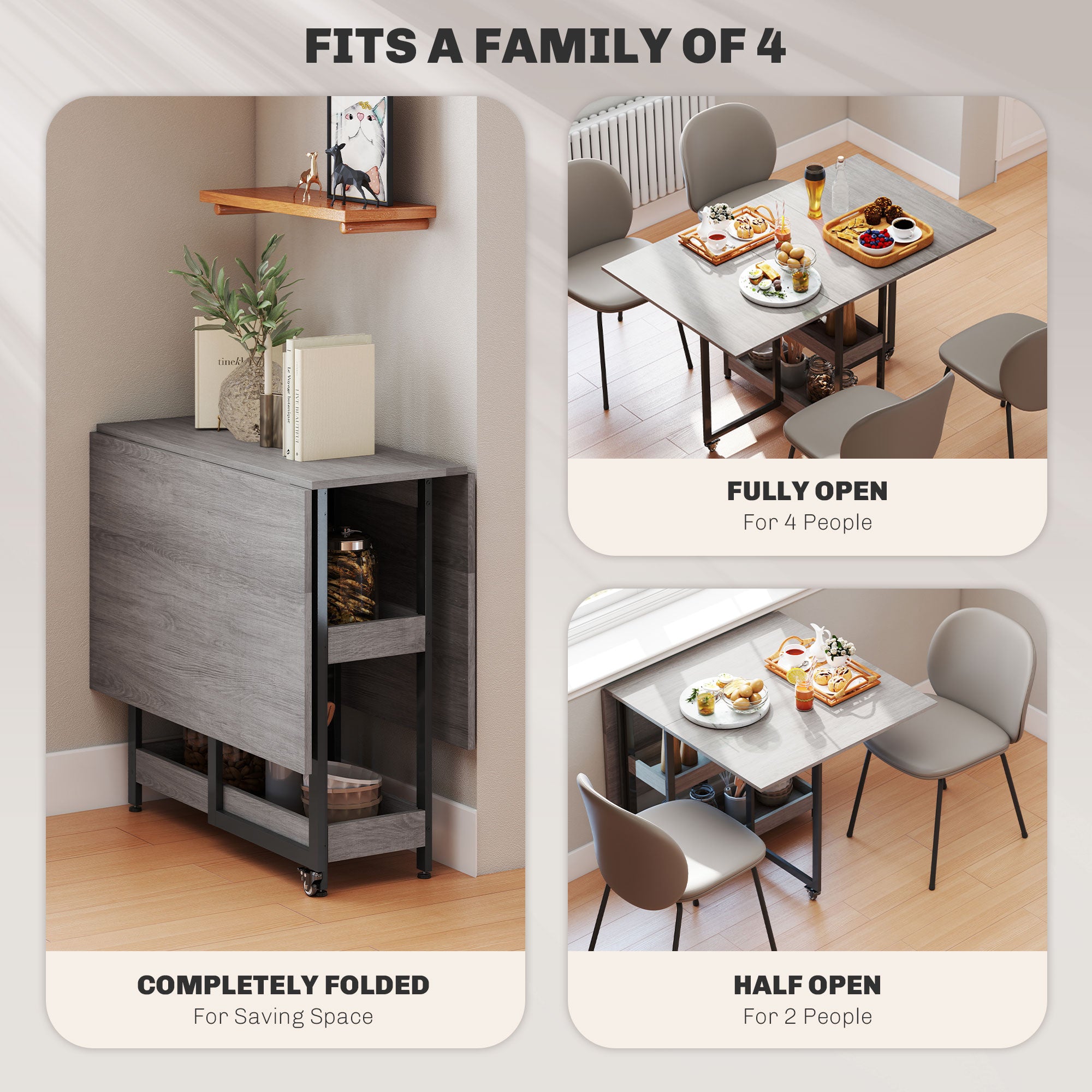 HOMCOM Industrial Folding Dining Table, Drop Leaf Table with Open Compartments for Small Spaces, Kitchen, Dining Room, Grey - North Peak Garden Furniture