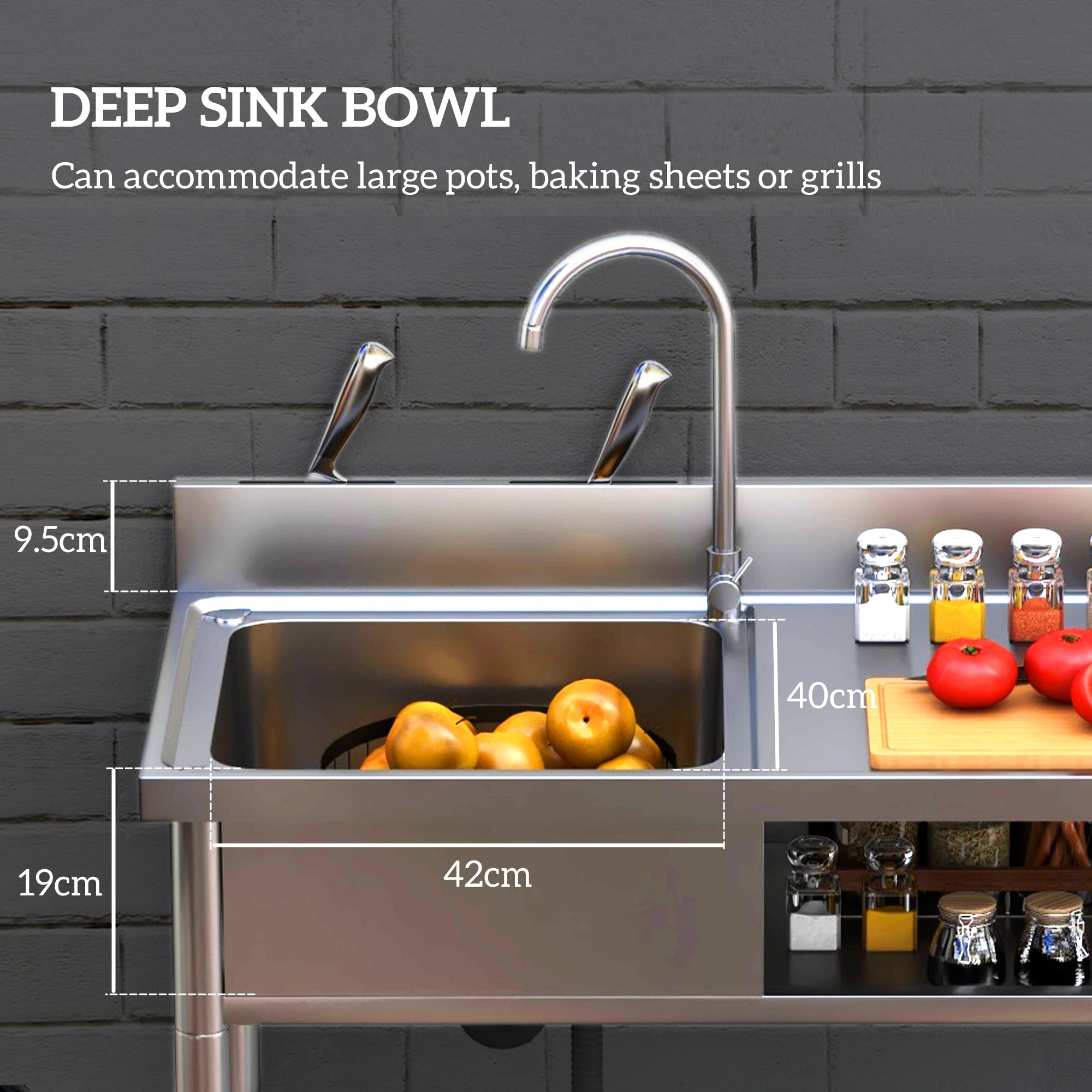 HOMCOM Outdoor Stainless Steel Kitchen Sink, Freestanding Sink Single Bowl with Cold and Hot Water Pipe and Storage Shelves - North Peak Garden Furniture