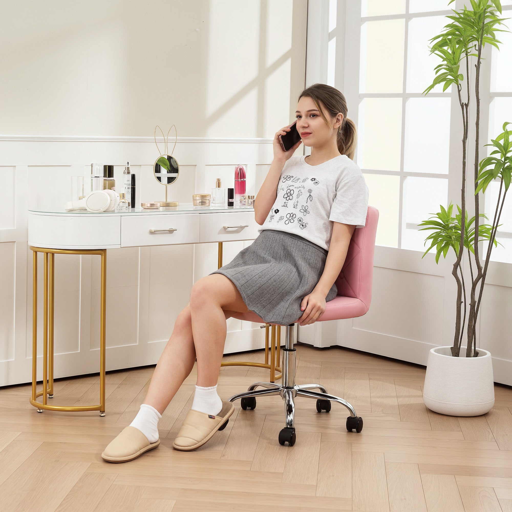 HOMCOM PU Leather Armless Office Chair, Modern Vanity Computer Swivel Chair with Rolling Wheels and Adjustable Height for Home Study, Bedroom, Pink - North Peak Garden Furniture