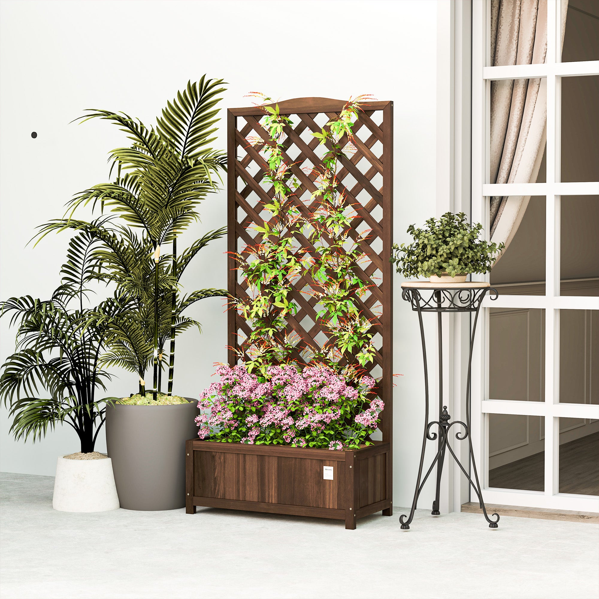 Outsunny 53L Garden Wooden Planter Box with Trellis Free Standing Flower Raised Bed with Lattice for Climbing Plants, 76cm x 36cm x 170cm, Dark Brown - North Peak Garden Furniture