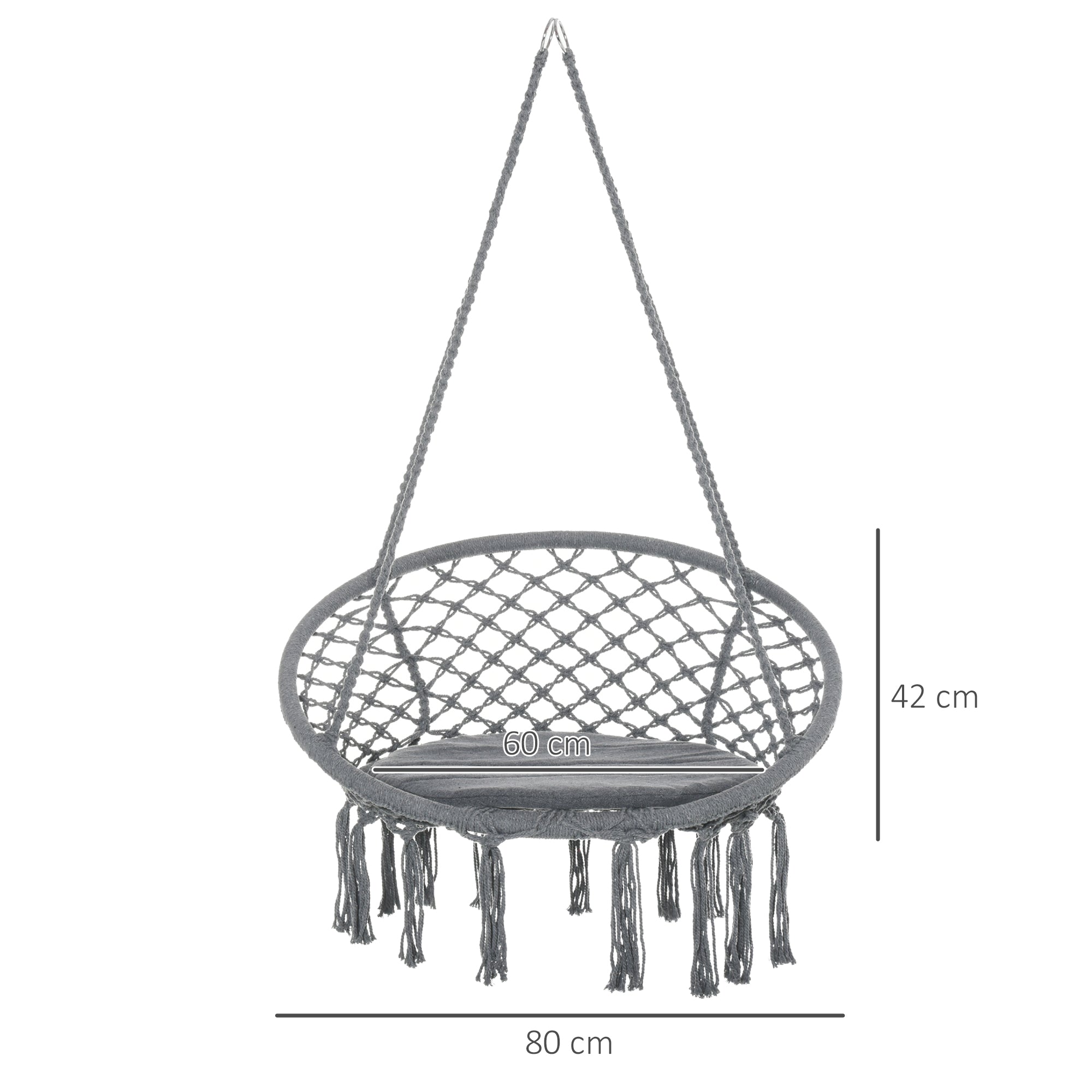 Outsunny Outdoor Cotton-Polyester Blend Macrame Hanging Rope Chair with Cushion, Portable Garden Chair with Fringe Tassels for Patio, Deck, Tree, Grey - North Peak Garden Furniture