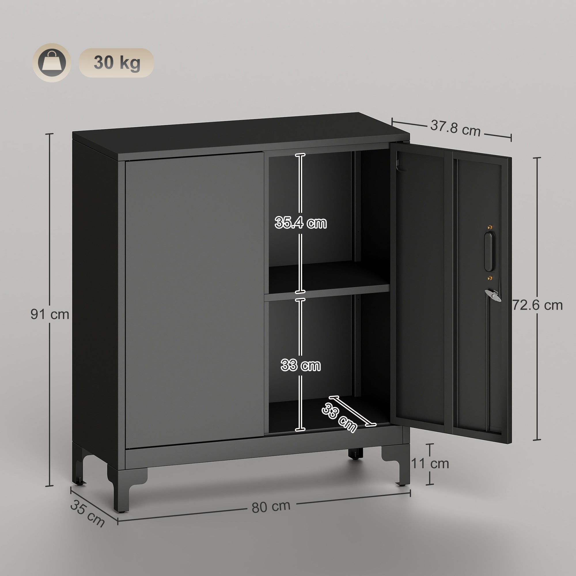 HOMCOM Lockable Metal Filing Cabinet, 2-Tier Storage Cupboard with Double Doors, Modern Office Organiser, Black