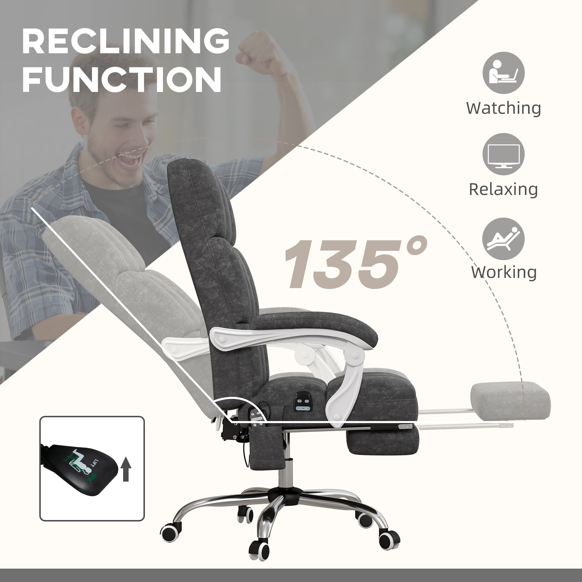 Vinsetto Massage Office Chair, Ergonomic Desk Chair, Comfy Work Study Chair with Heat, Padded Seat, 135° Reclining Back and Footrest for Home Office, Charcoal Grey - North Peak Garden Furniture