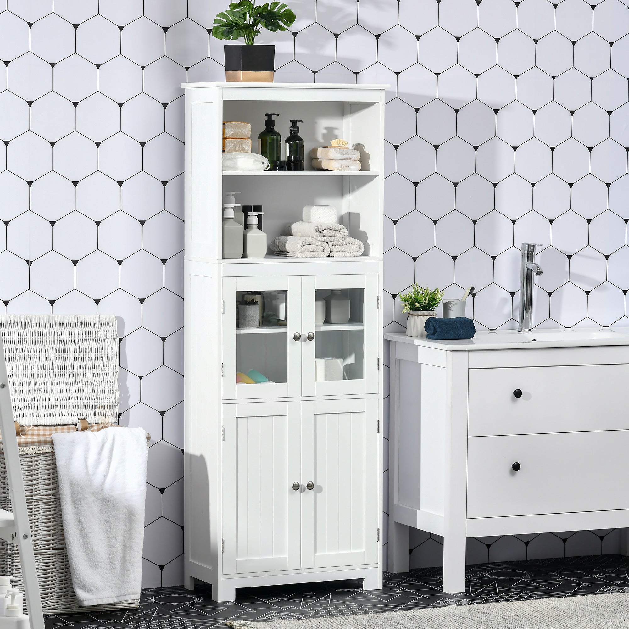 HOMCOM Freestanding Kitchen Cupboard, 4-Door Storage Cabinet with Adjustable Shelf and Glass Doors for Dining Room, Living Room, White - North Peak Garden Furniture