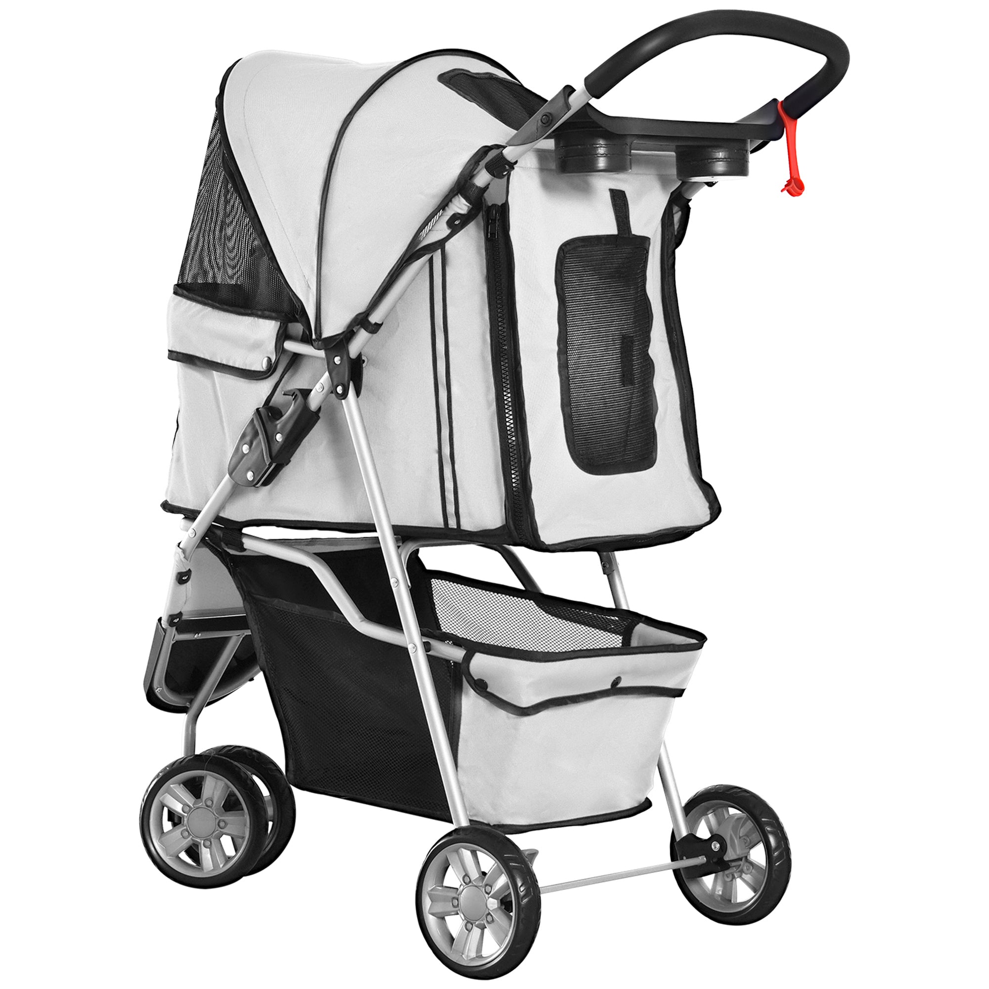 PawHut Dog Stroller, 3 Wheels Foldable Cat Dog Pram with Cup Holder, Storage Basket, Pet Stroller for Small Miniature Dogs, Grey - North Peak Garden Furniture