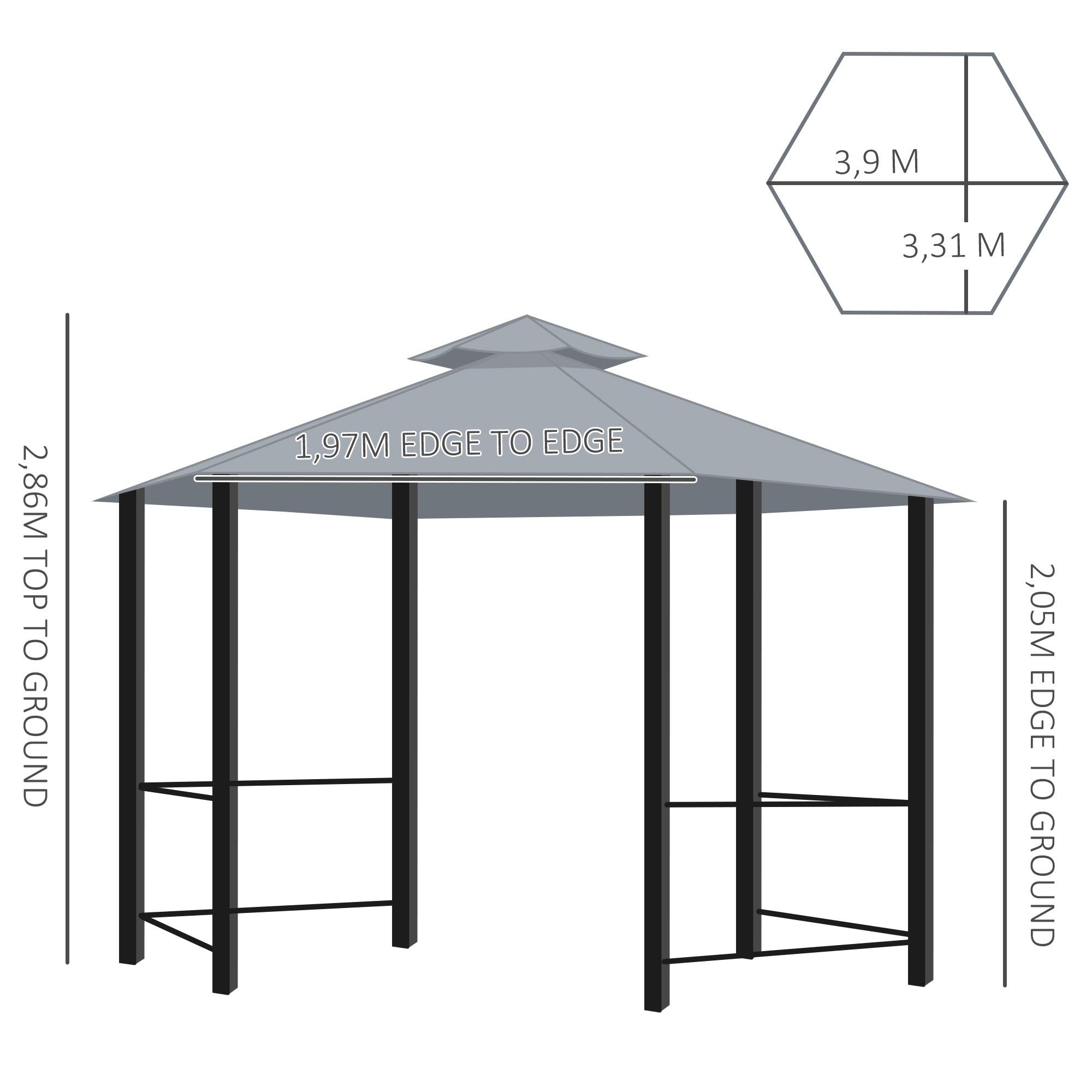Outsunny 3 x 3(m) Hexagon Gazebo Patio Canopy Party Tent Outdoor Garden Shelter w/ 2 Tier Roof & Side Panel - Grey - North Peak Garden Furniture