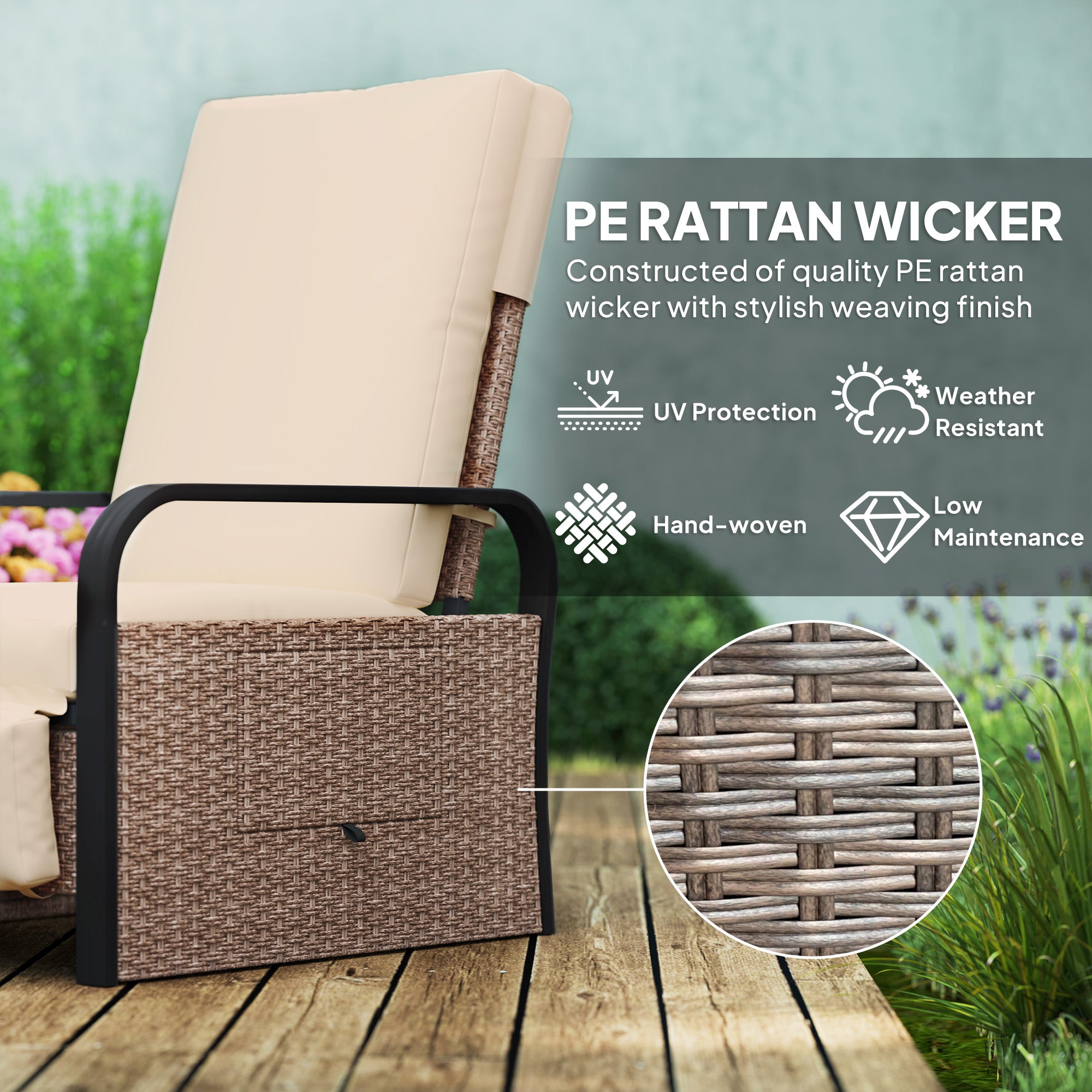 Outsunny 140° Reclining Rattan Armchair - Brown/Khaki - North Peak Garden Furniture