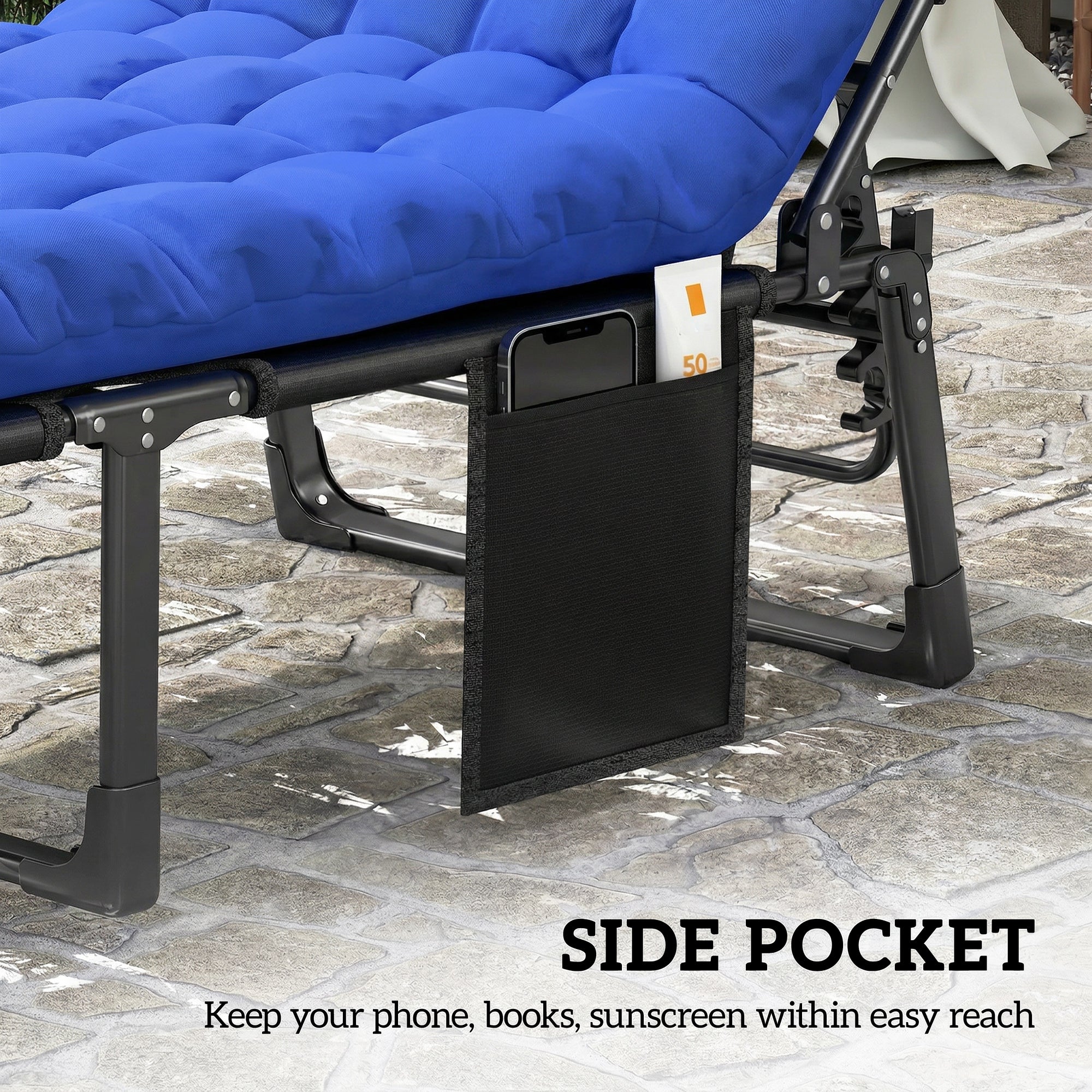 Outsunny Folding Sun Loungers for Garden Set of 2, 5-Position Oversized Camping Bed Recliner with Cushions, Blue