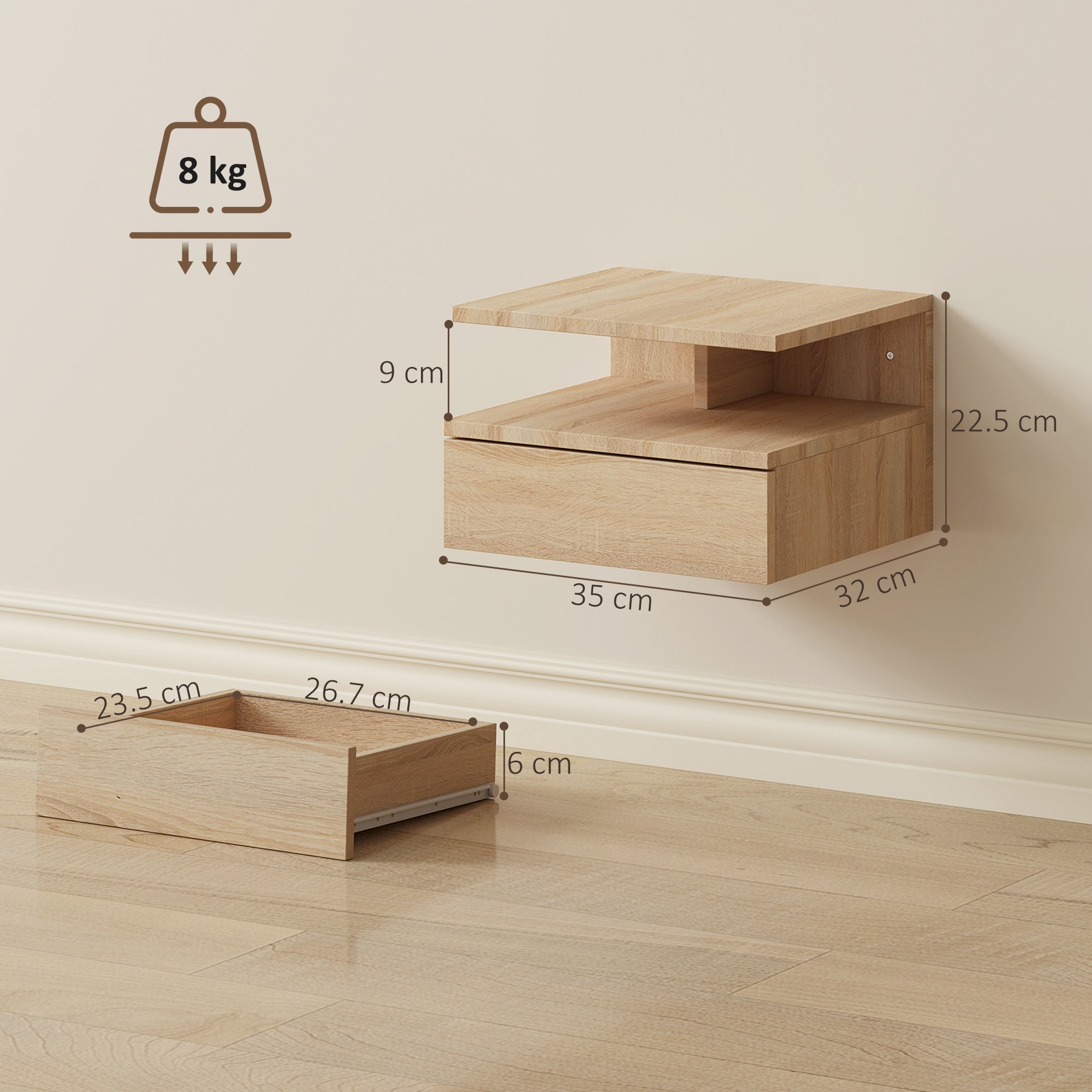 HOMCOM Set of Two Floating Bedside Tables - Oak