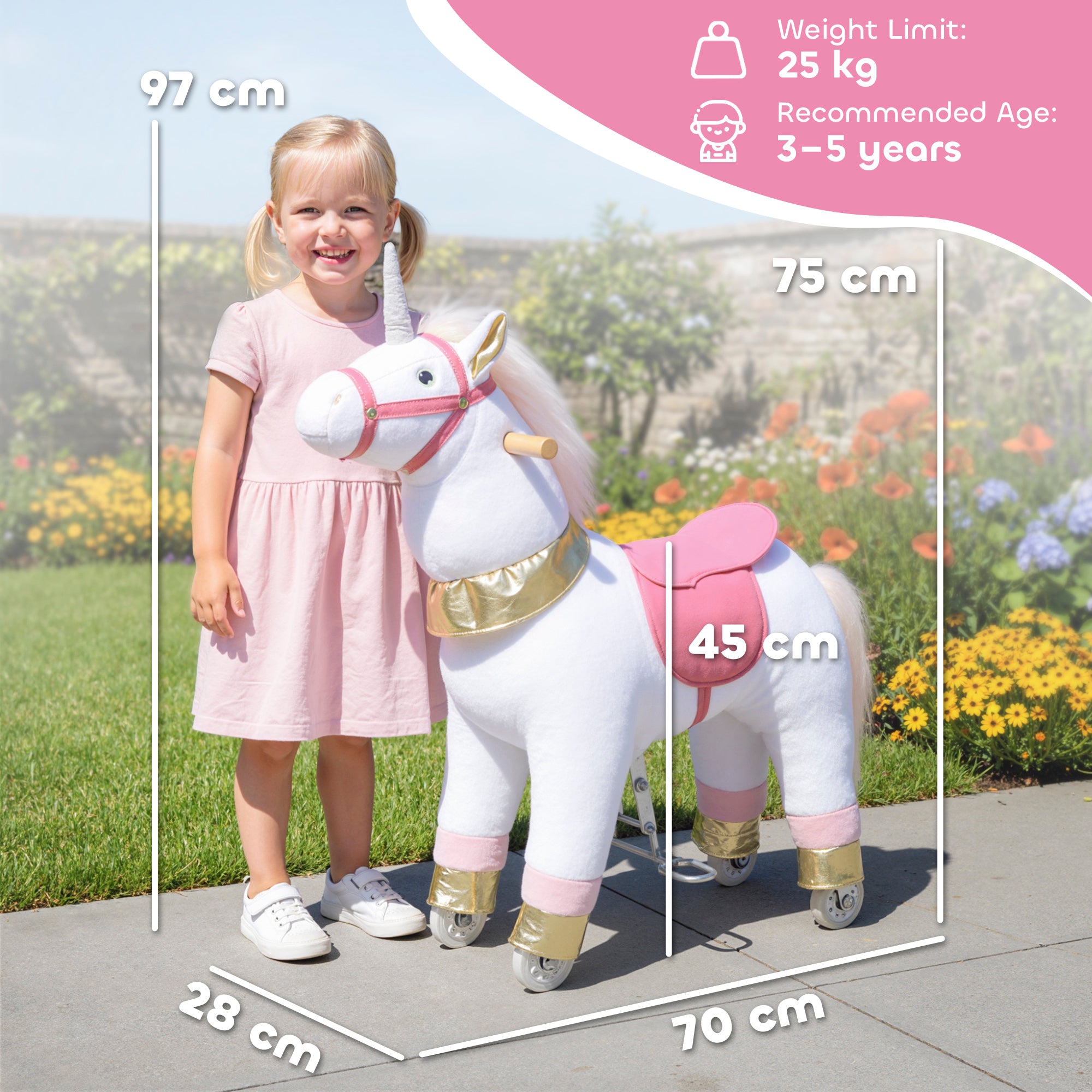 AIYAPLAY Kids Rocking Horse, Plush Walking Horse with Wheels, Ride On Unicorn Toy for Ages 3-5 Years Old, White