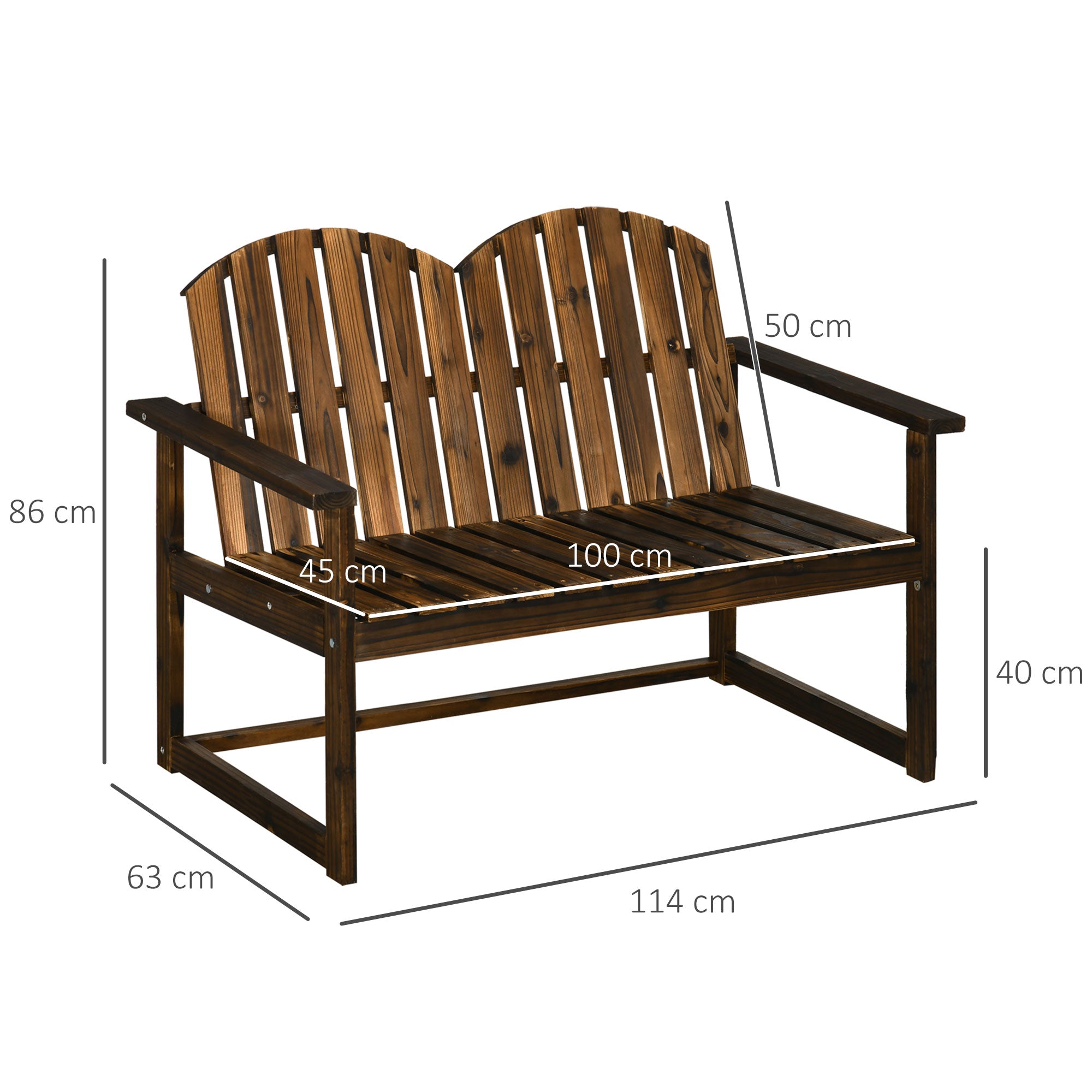 Outsunny Outdoor Wooden Garden Bench, Patio Loveseat Chair with Slatted Backrest and Smooth Armrests for Two People, for Yard, Lawn, Porch, Carbonised Finish - North Peak Garden Furniture